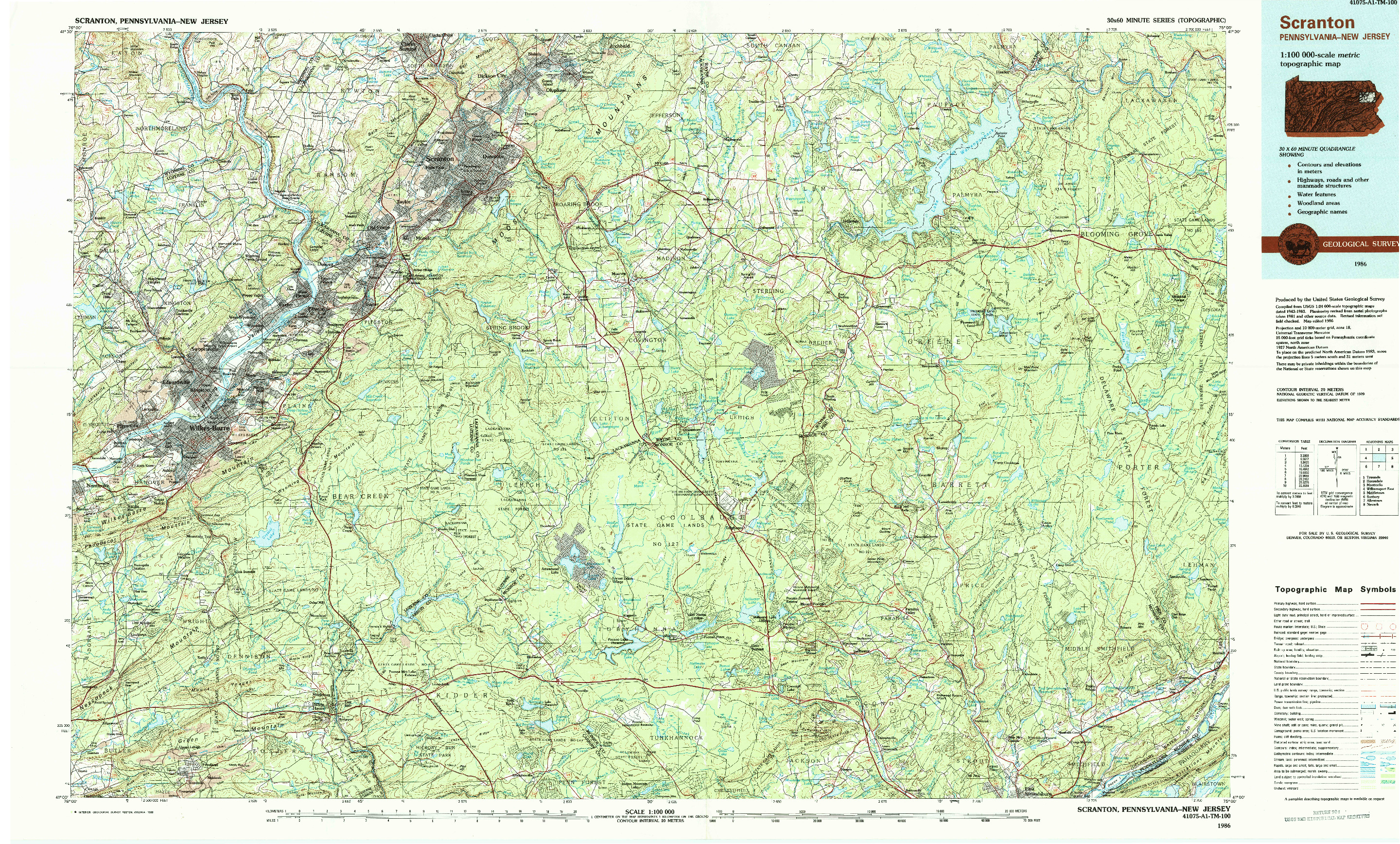 USGS 1:100000-SCALE QUADRANGLE FOR SCRANTON, PA 1986