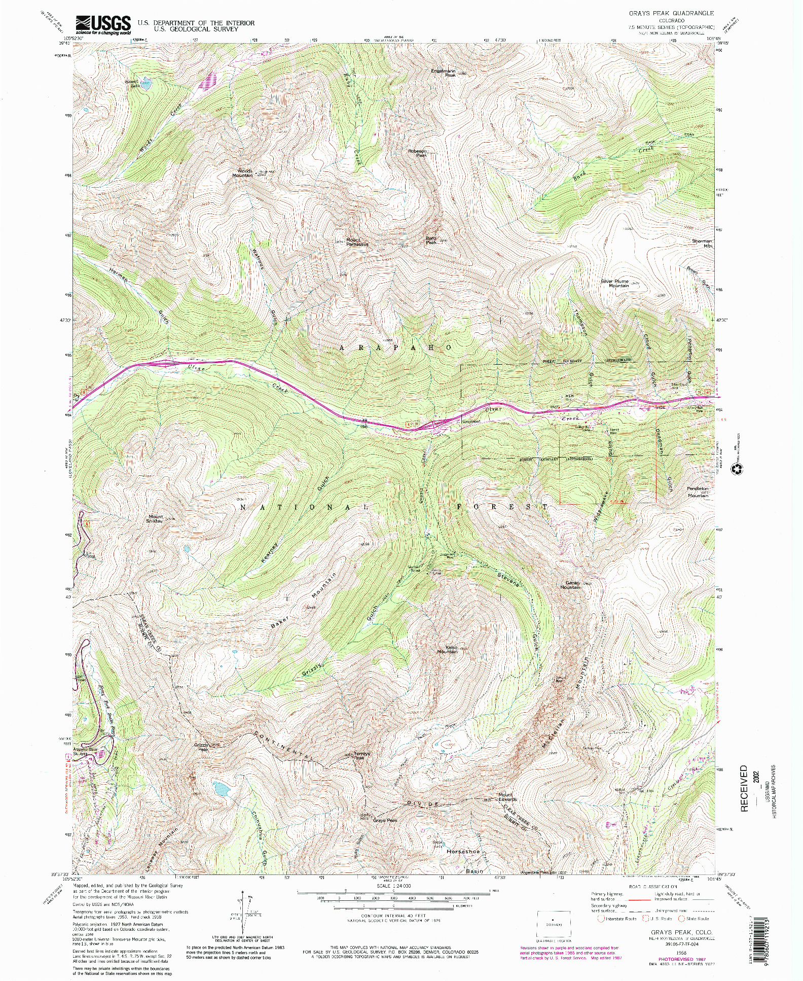 USGS 1:24000-SCALE QUADRANGLE FOR GRAYS PEAK, CO 1958