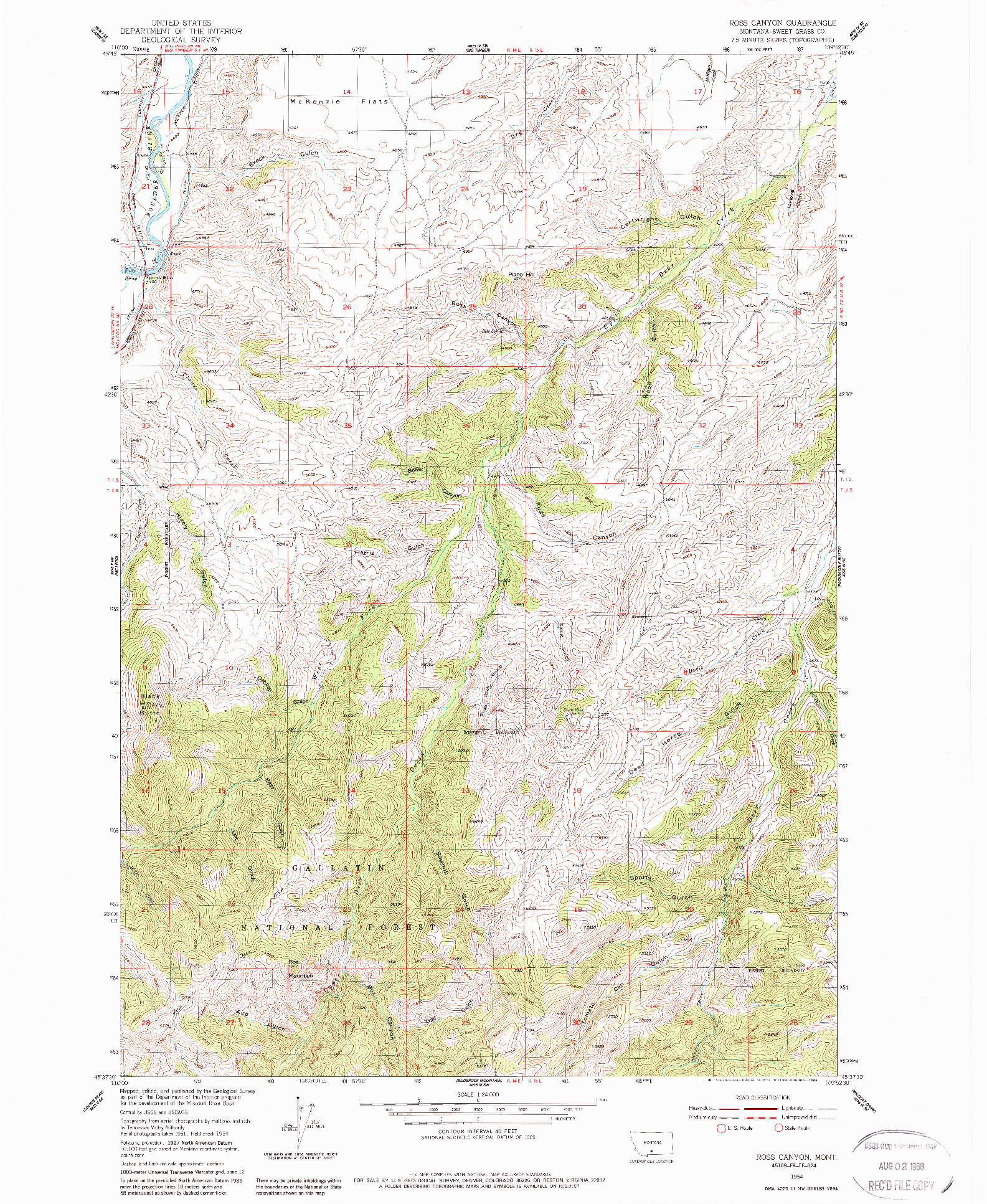 USGS 1:24000-SCALE QUADRANGLE FOR ROSS CANYON, MT 1954