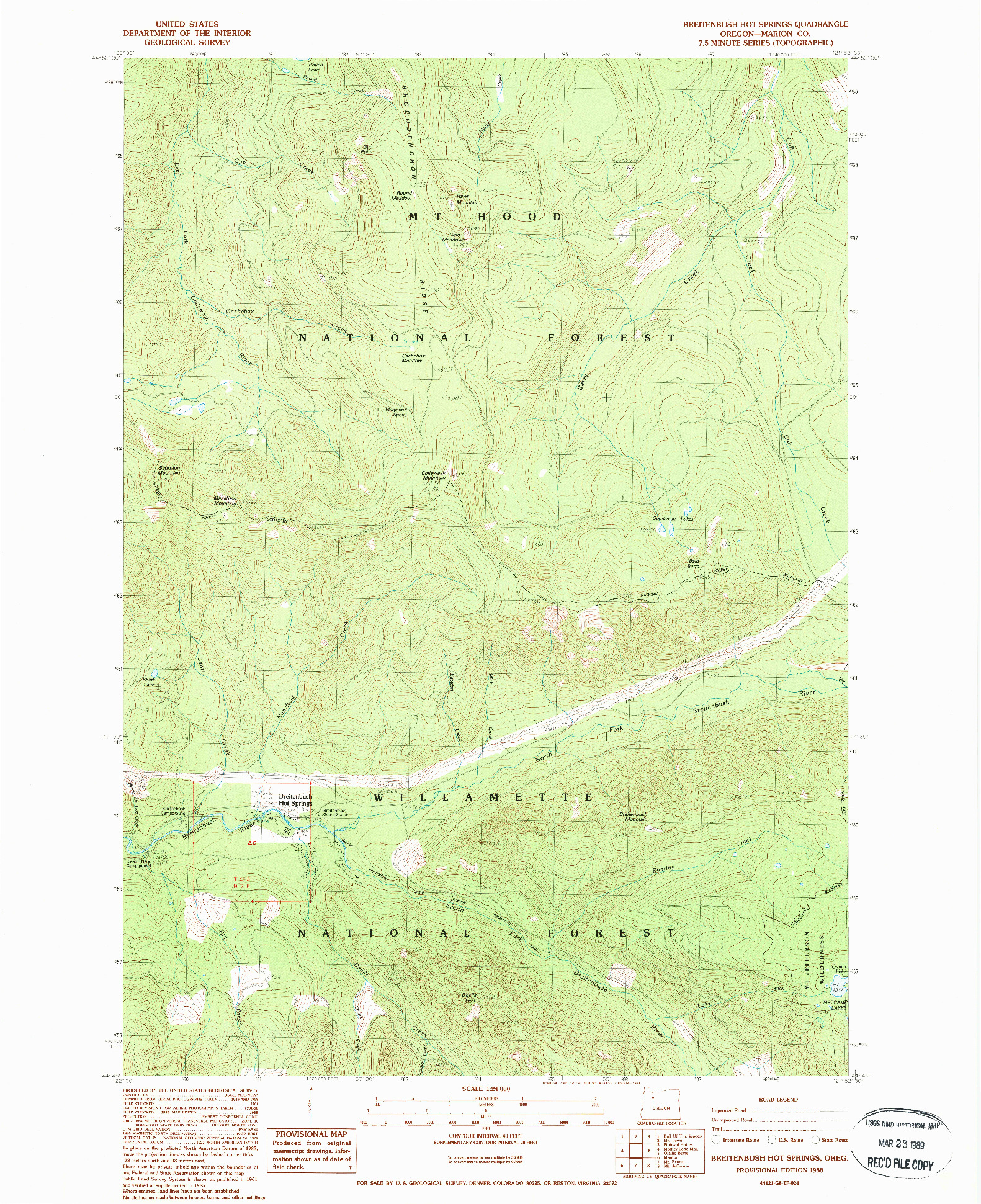 USGS 1:24000-SCALE QUADRANGLE FOR BREITENBUSH HOT SPRINGS, OR 1988