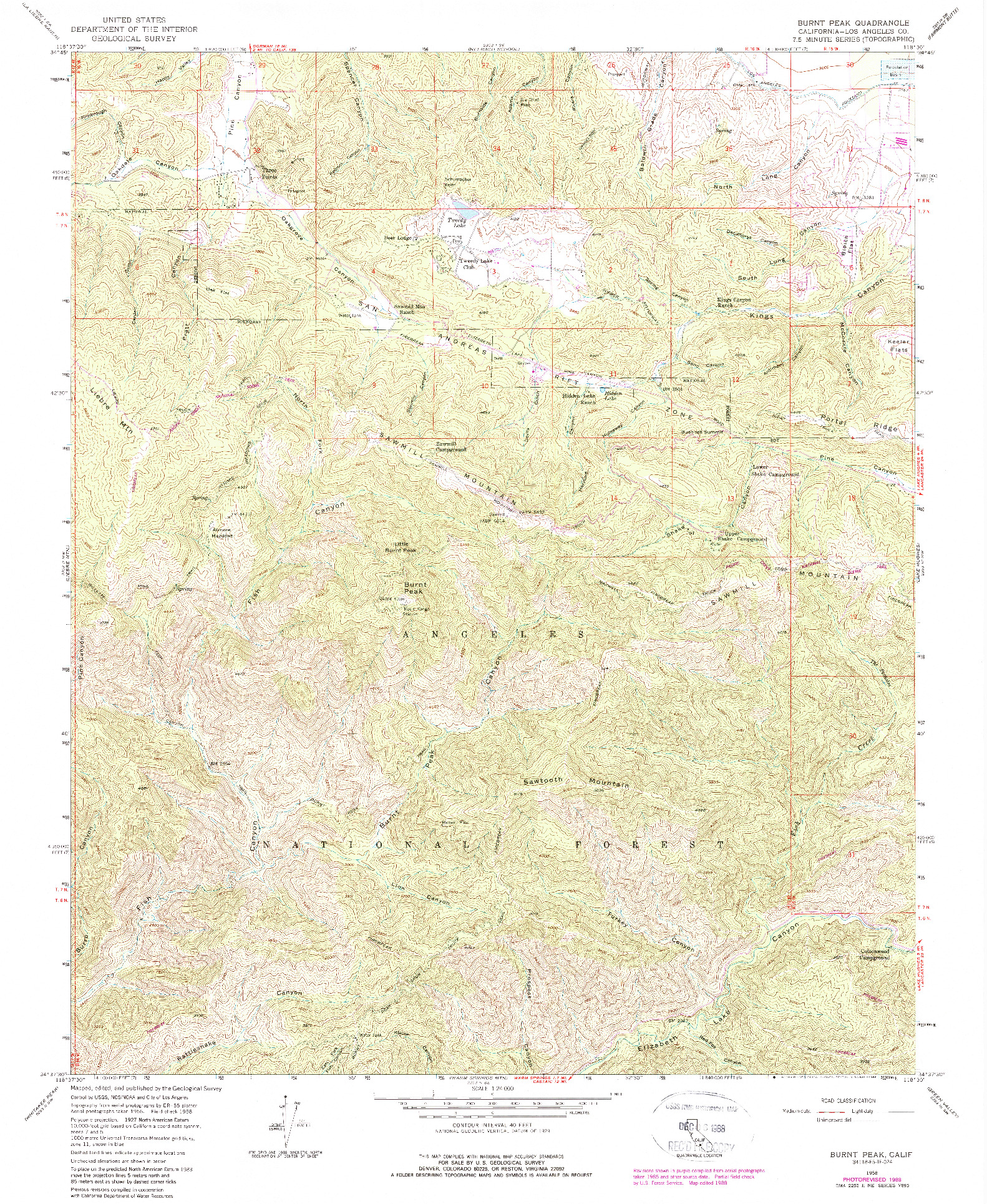 USGS 1:24000-SCALE QUADRANGLE FOR BURNT PEAK, CA 1958