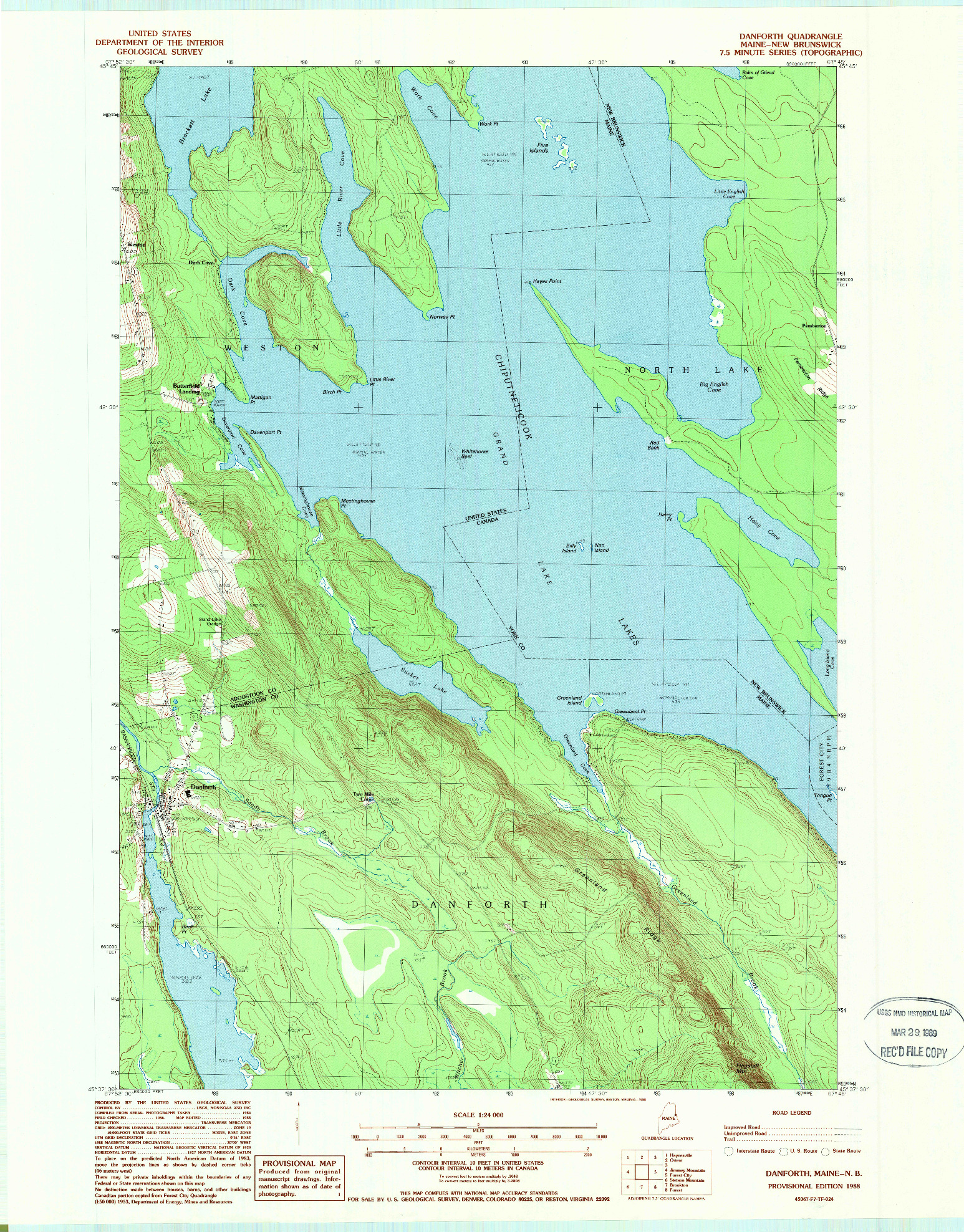 USGS 1:24000-SCALE QUADRANGLE FOR DANFORTH, ME 1988