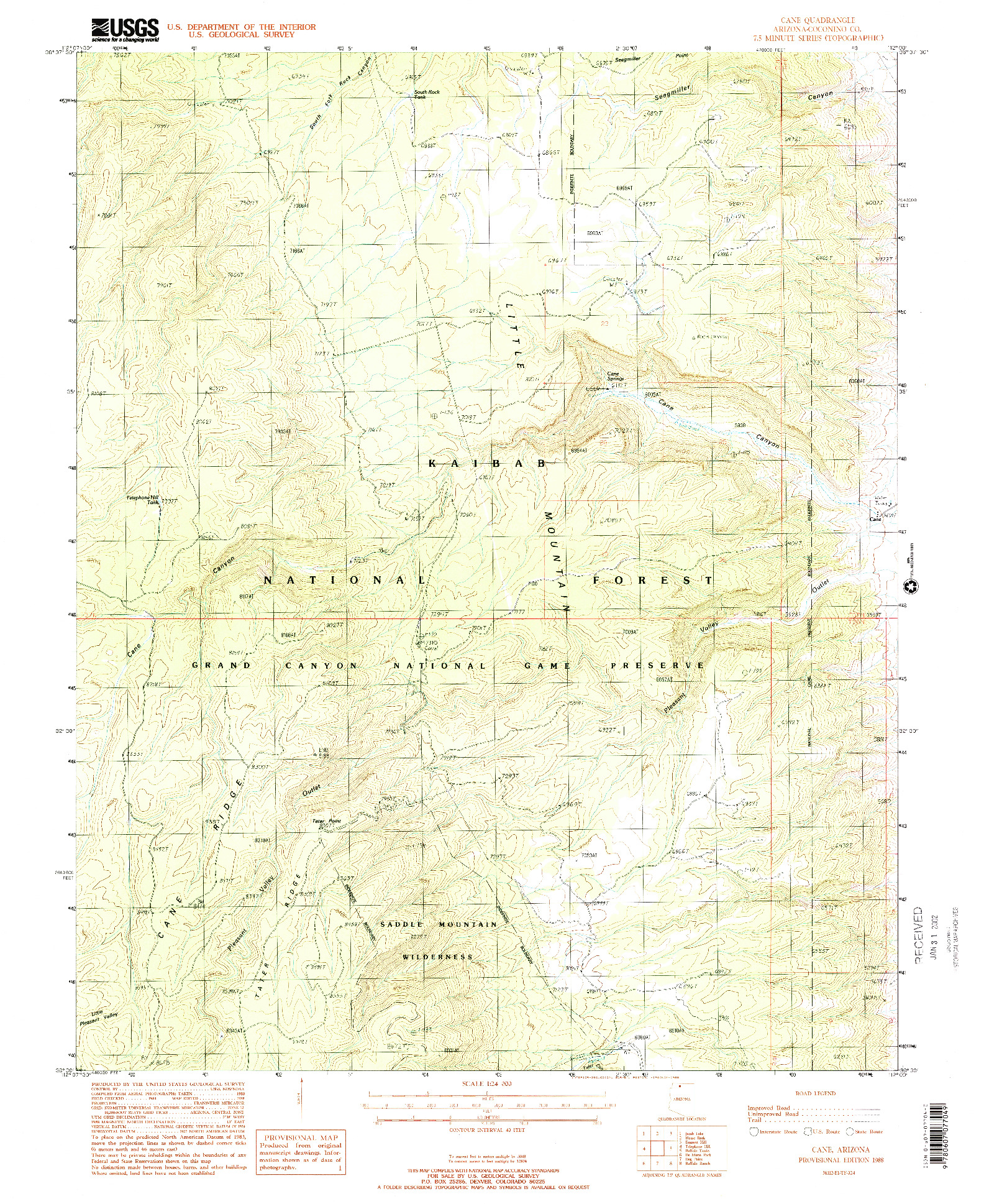 USGS 1:24000-SCALE QUADRANGLE FOR CANE, AZ 1988