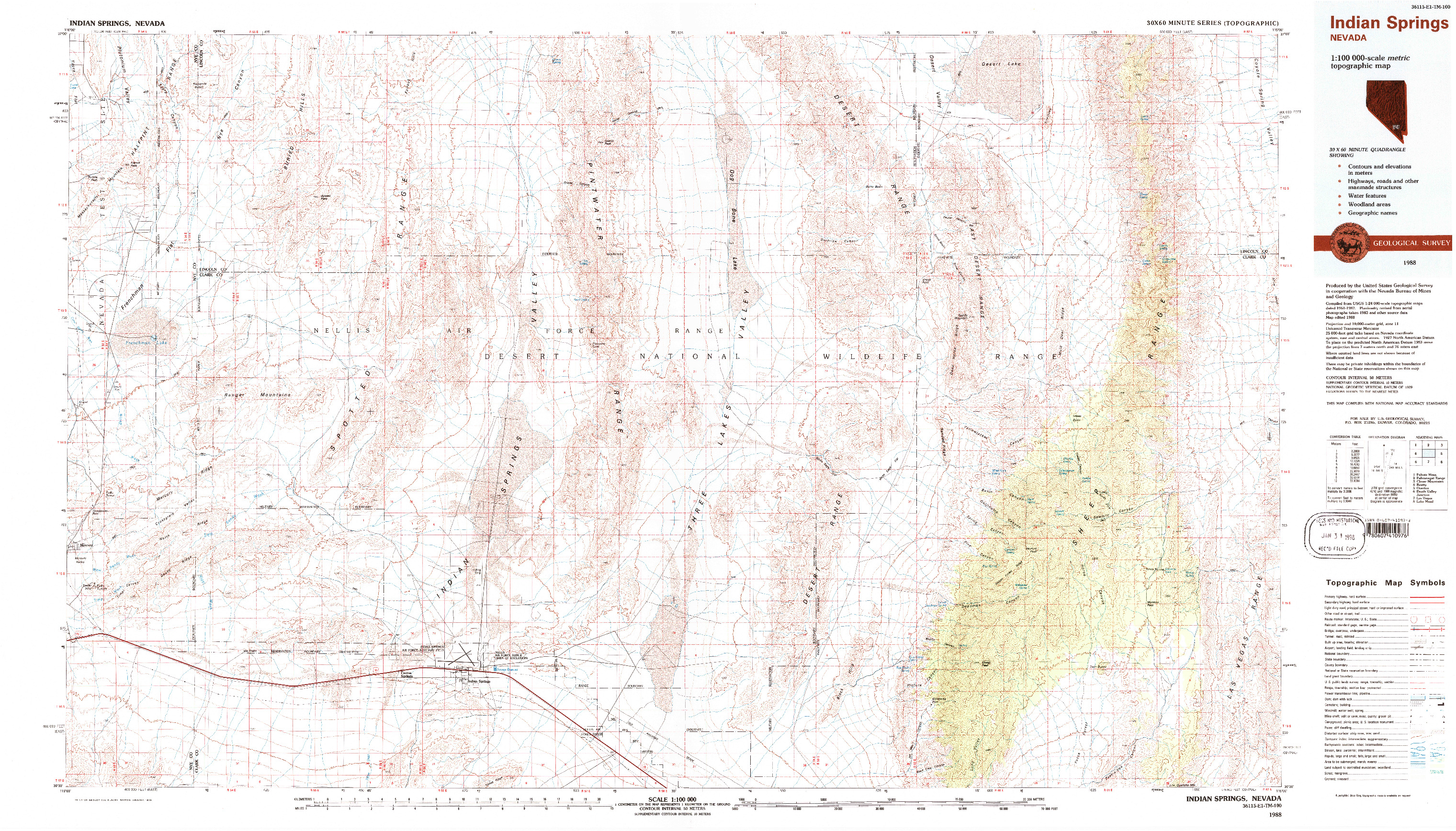 USGS 1:100000-SCALE QUADRANGLE FOR INDIAN SPRINGS, NV 1988