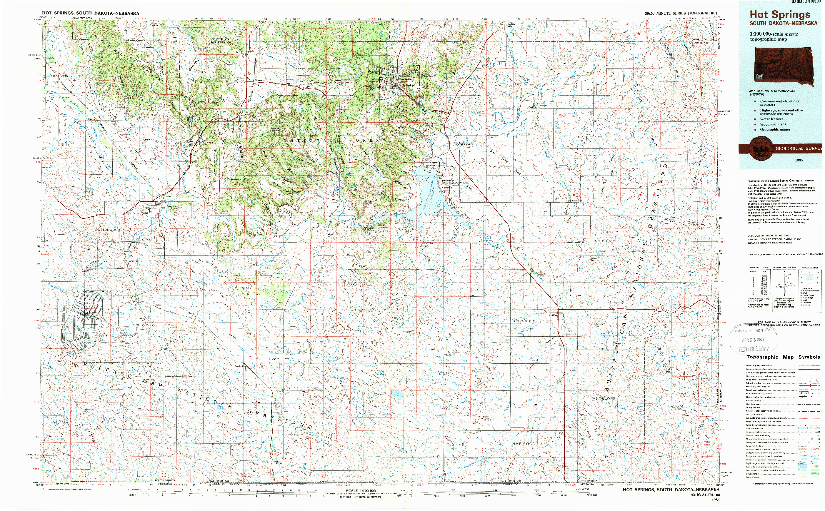 USGS 1:100000-SCALE QUADRANGLE FOR HOT SPRINGS, SD 1985