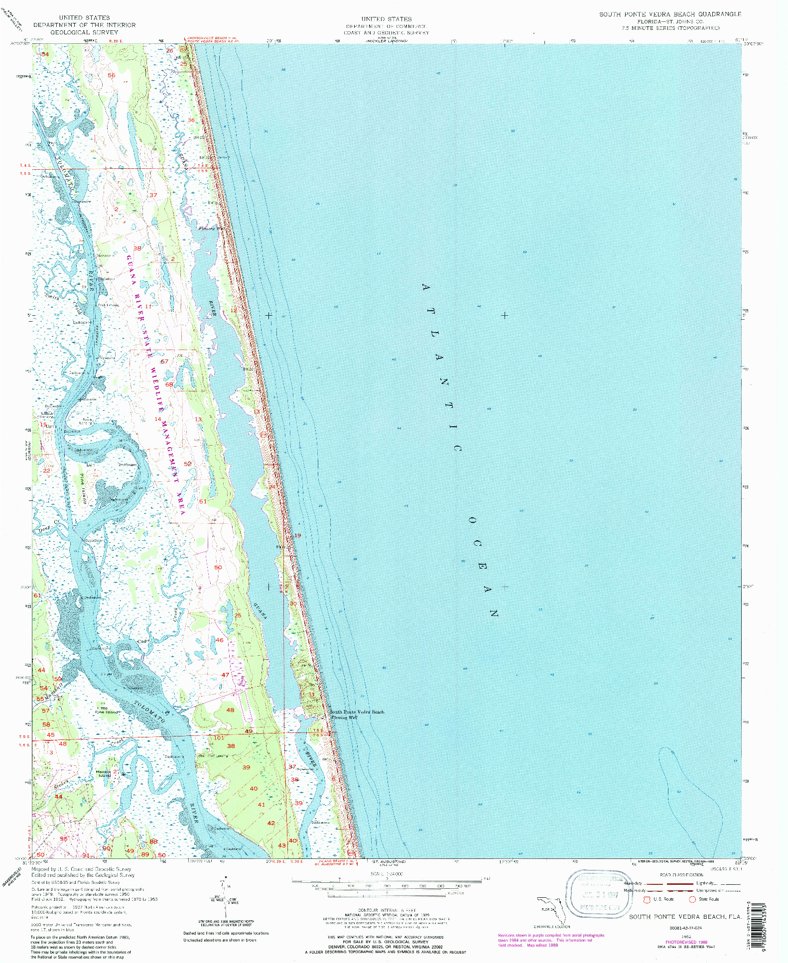 USGS 1:24000-SCALE QUADRANGLE FOR SOUTH PONTE VEDRA BEACH, FL 1952
