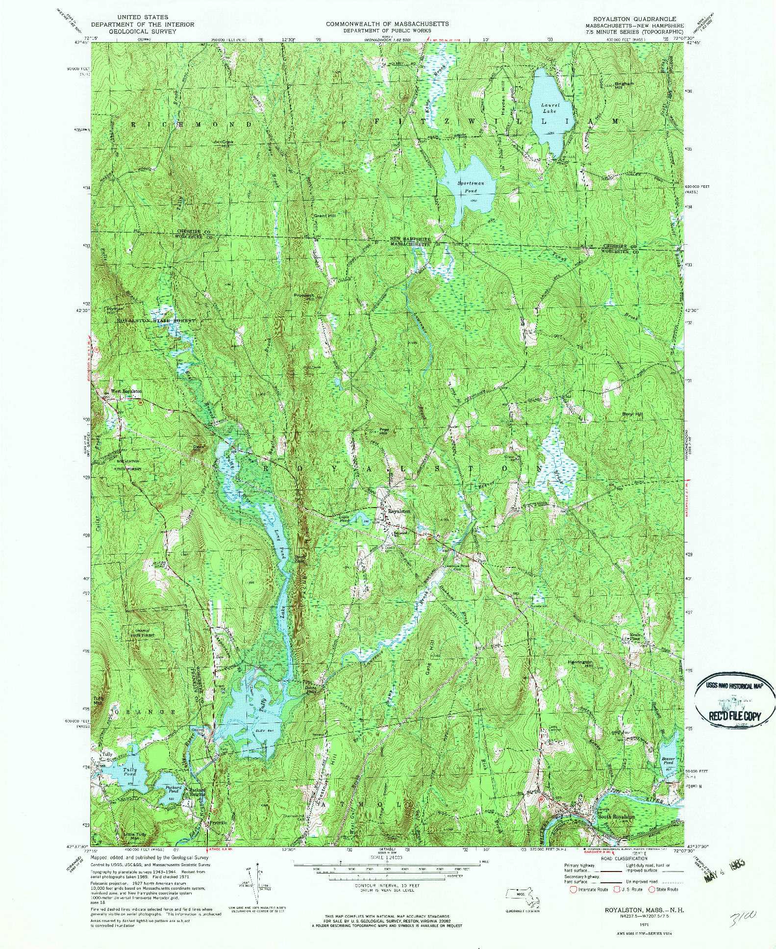 USGS 1:24000-SCALE QUADRANGLE FOR ROYALSTON, MA 1971