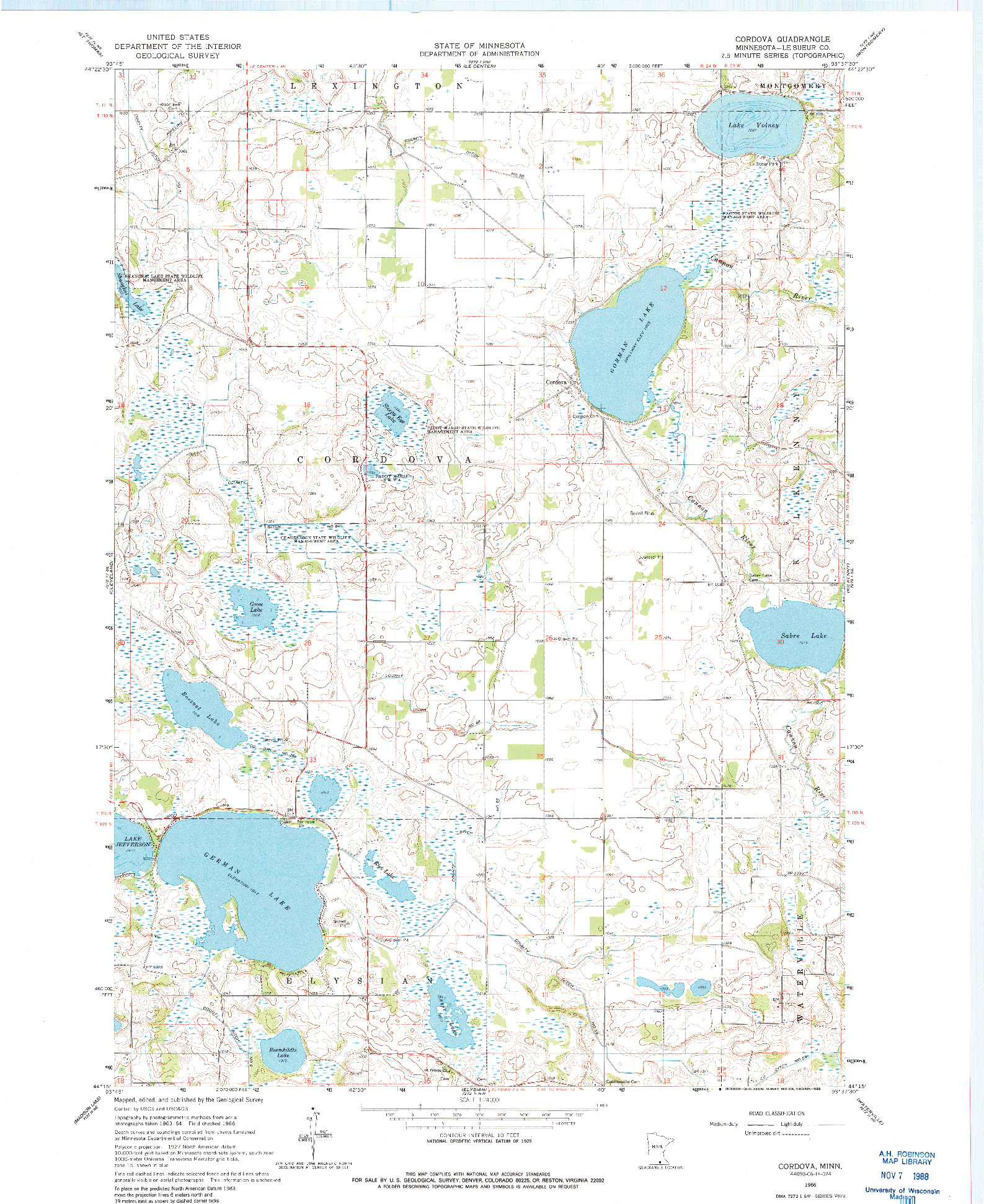 USGS 1:24000-SCALE QUADRANGLE FOR CORDOVA, MN 1966