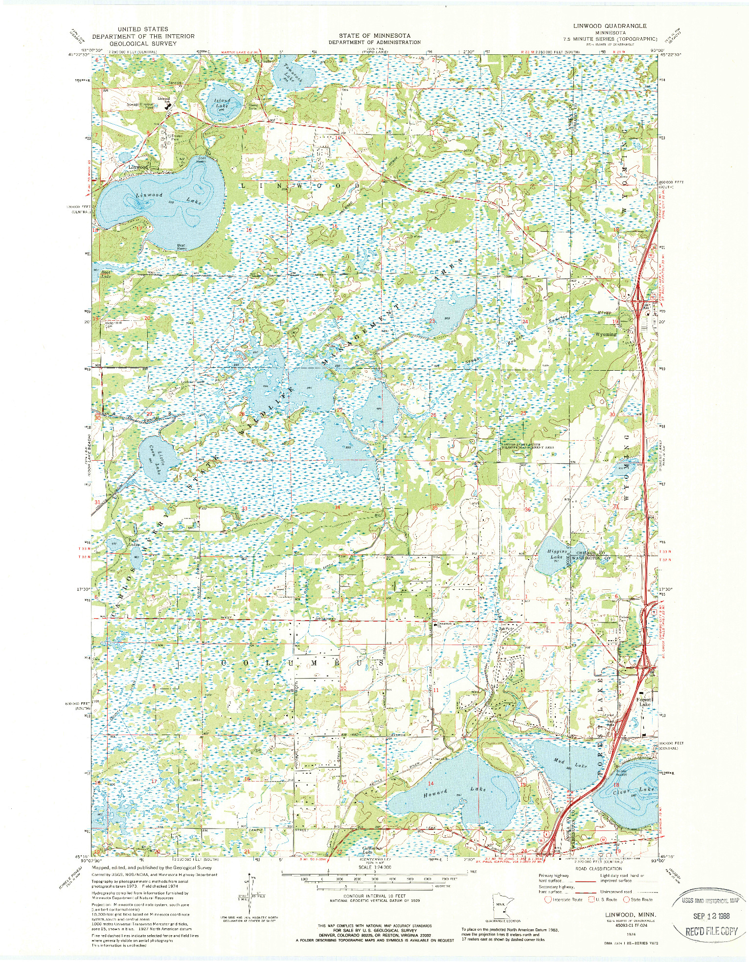 USGS 1:24000-SCALE QUADRANGLE FOR LINWOOD, MN 1974