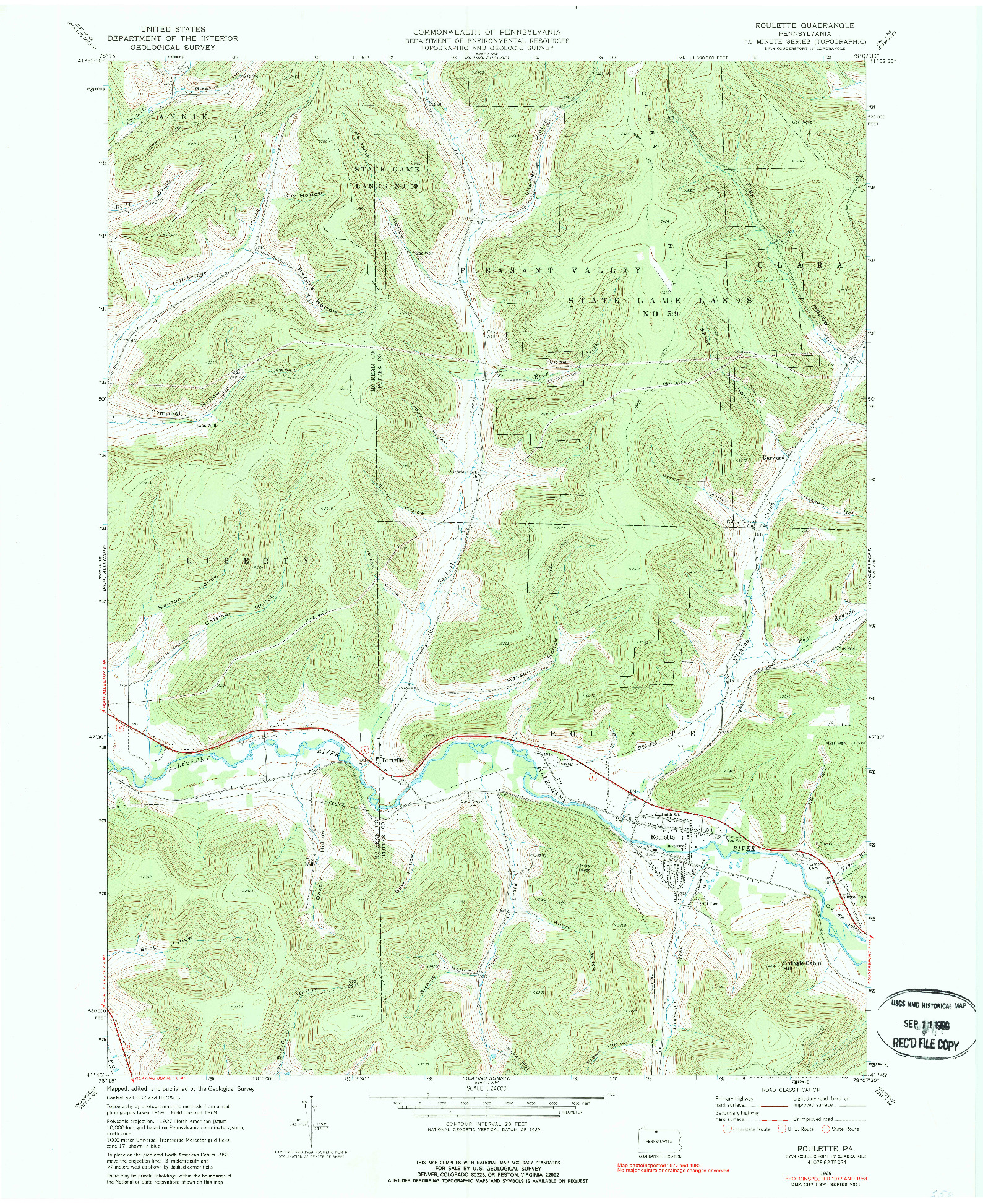 USGS 1:24000-SCALE QUADRANGLE FOR ROULETTE, PA 1969