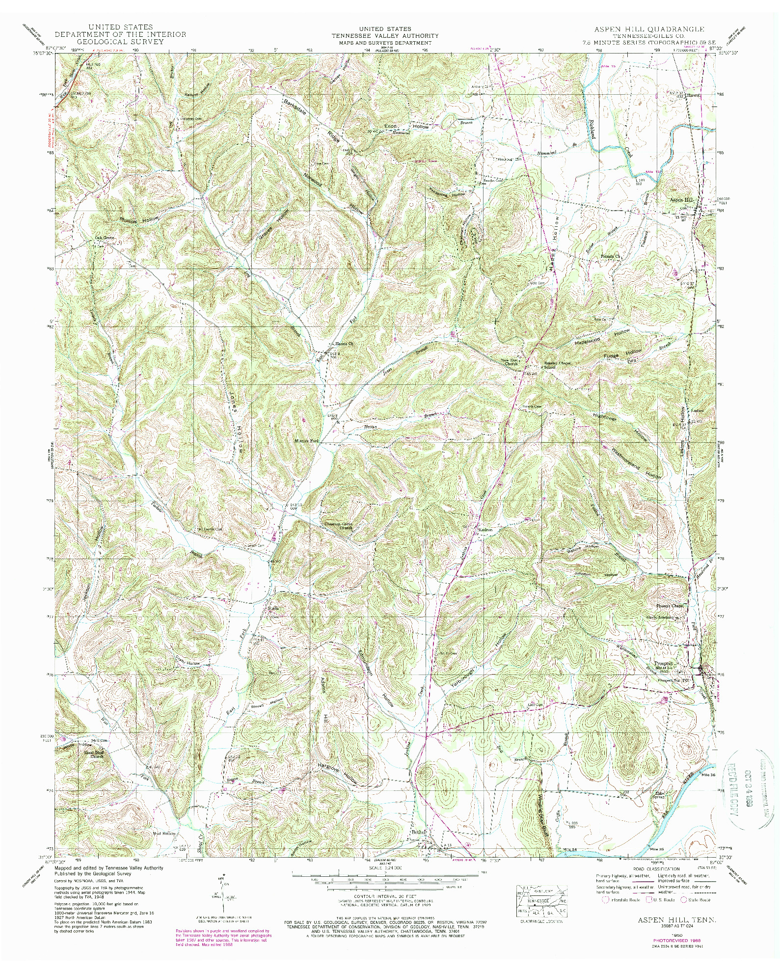 USGS 1:24000-SCALE QUADRANGLE FOR ASPEN HILL, TN 1950