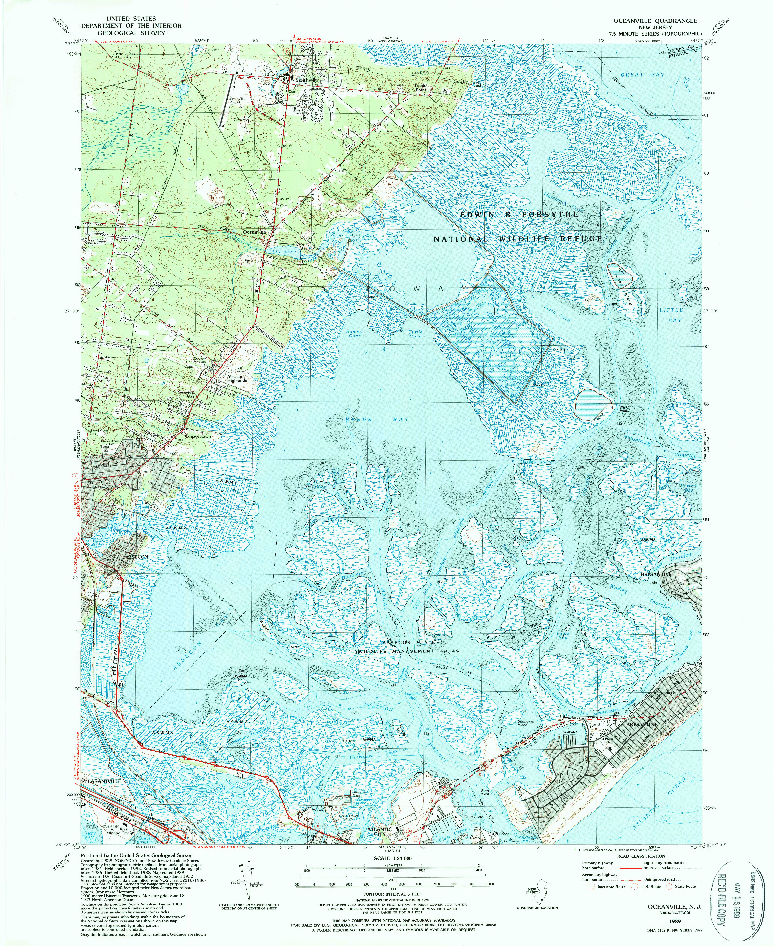 USGS 1:24000-SCALE QUADRANGLE FOR OCEANVILLE, NJ 1989