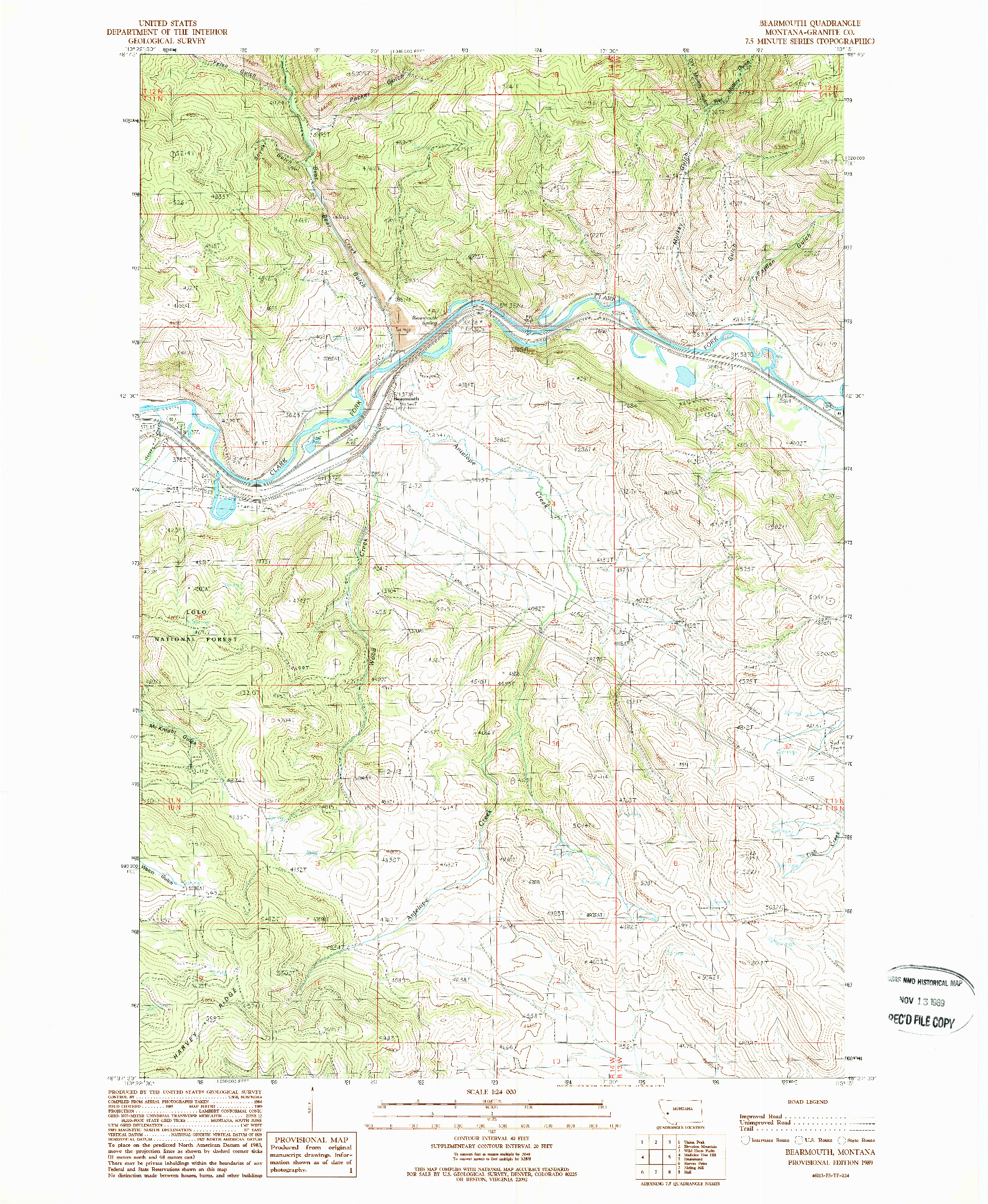 USGS 1:24000-SCALE QUADRANGLE FOR BEARMOUTH, MT 1989