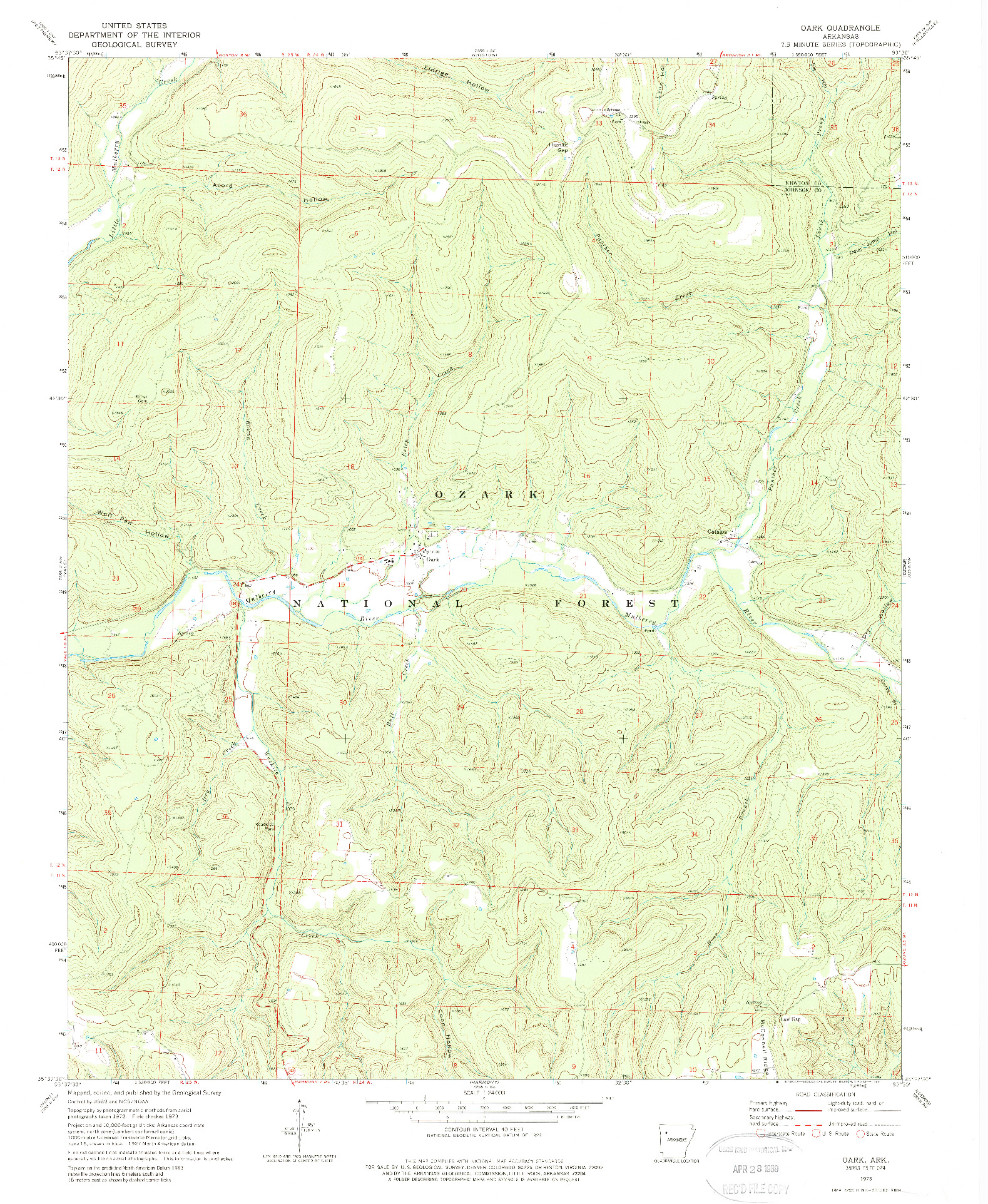 USGS 1:24000-SCALE QUADRANGLE FOR OARK, AR 1973