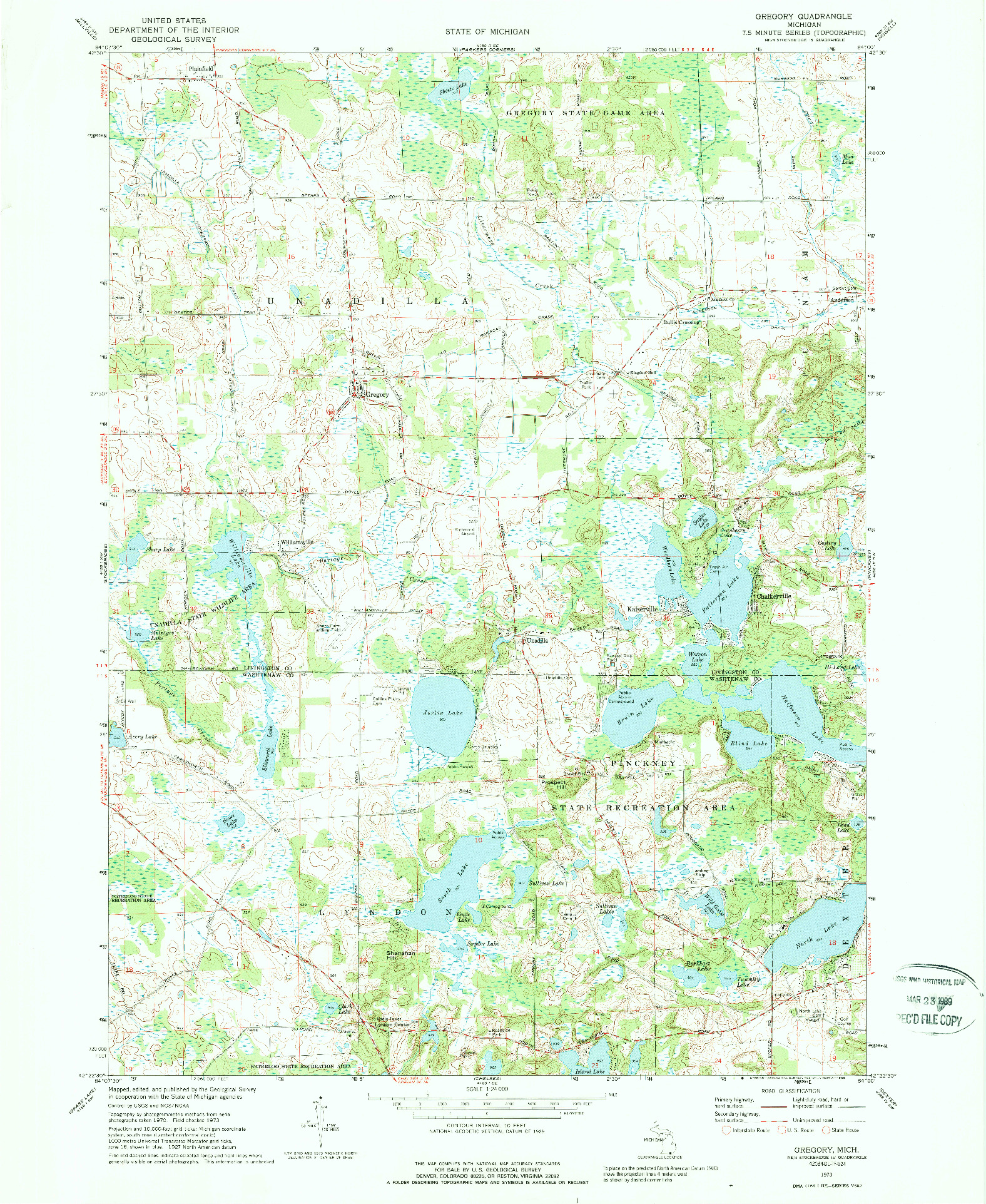 USGS 1:24000-SCALE QUADRANGLE FOR GREGORY, MI 1973