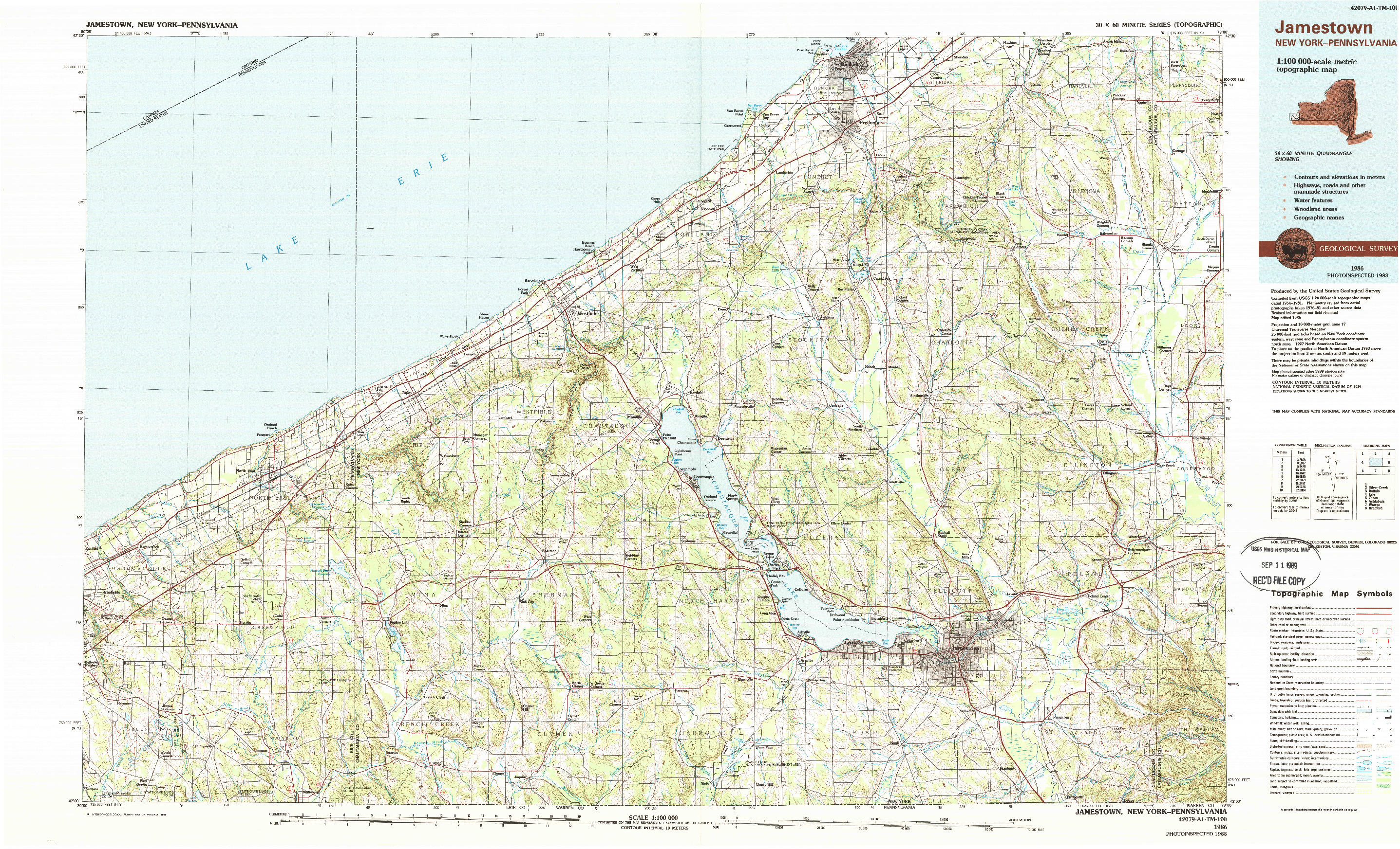 USGS 1:100000-SCALE QUADRANGLE FOR JAMESTOWN, NY 1986