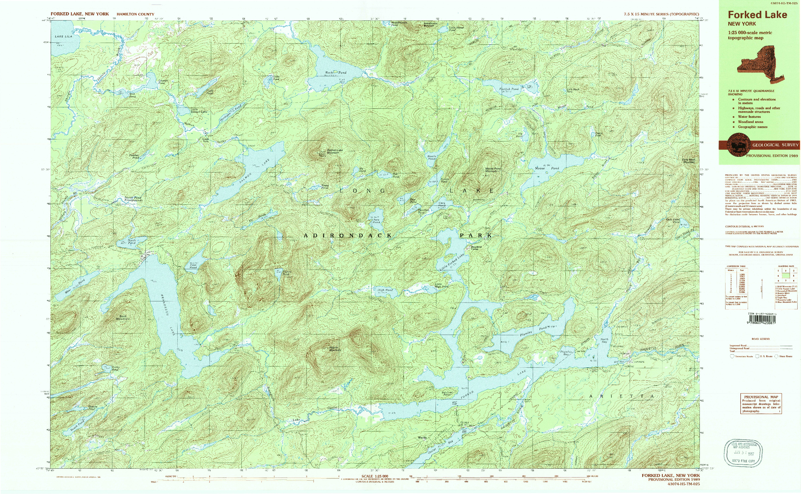 USGS 1:25000-SCALE QUADRANGLE FOR FORKED LAKE, NY 1989