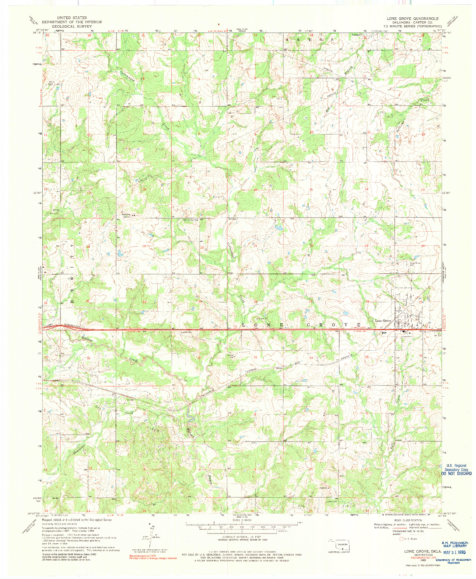 USGS 1:24000-SCALE QUADRANGLE FOR LONE GROVE, OK 1969