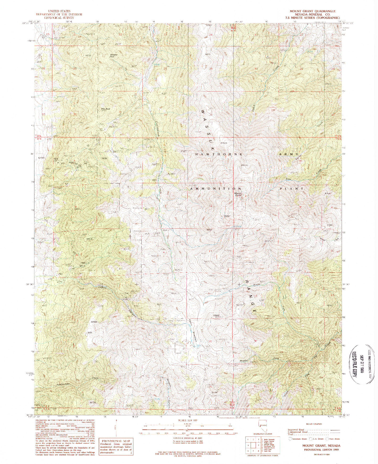 USGS 1:24000-SCALE QUADRANGLE FOR MOUNT GRANT, NV 1989