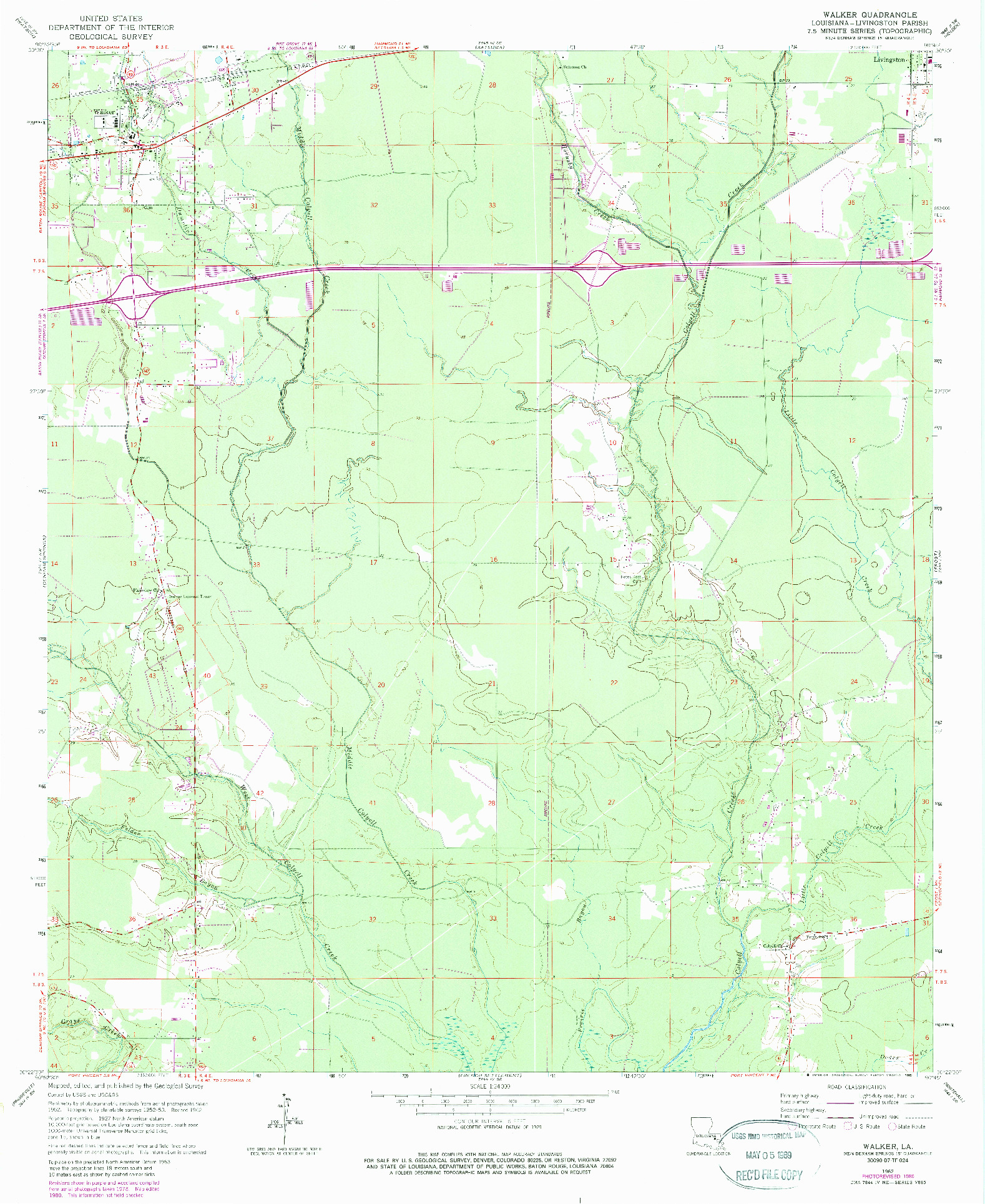 USGS 1:24000-SCALE QUADRANGLE FOR WALKER, LA 1962