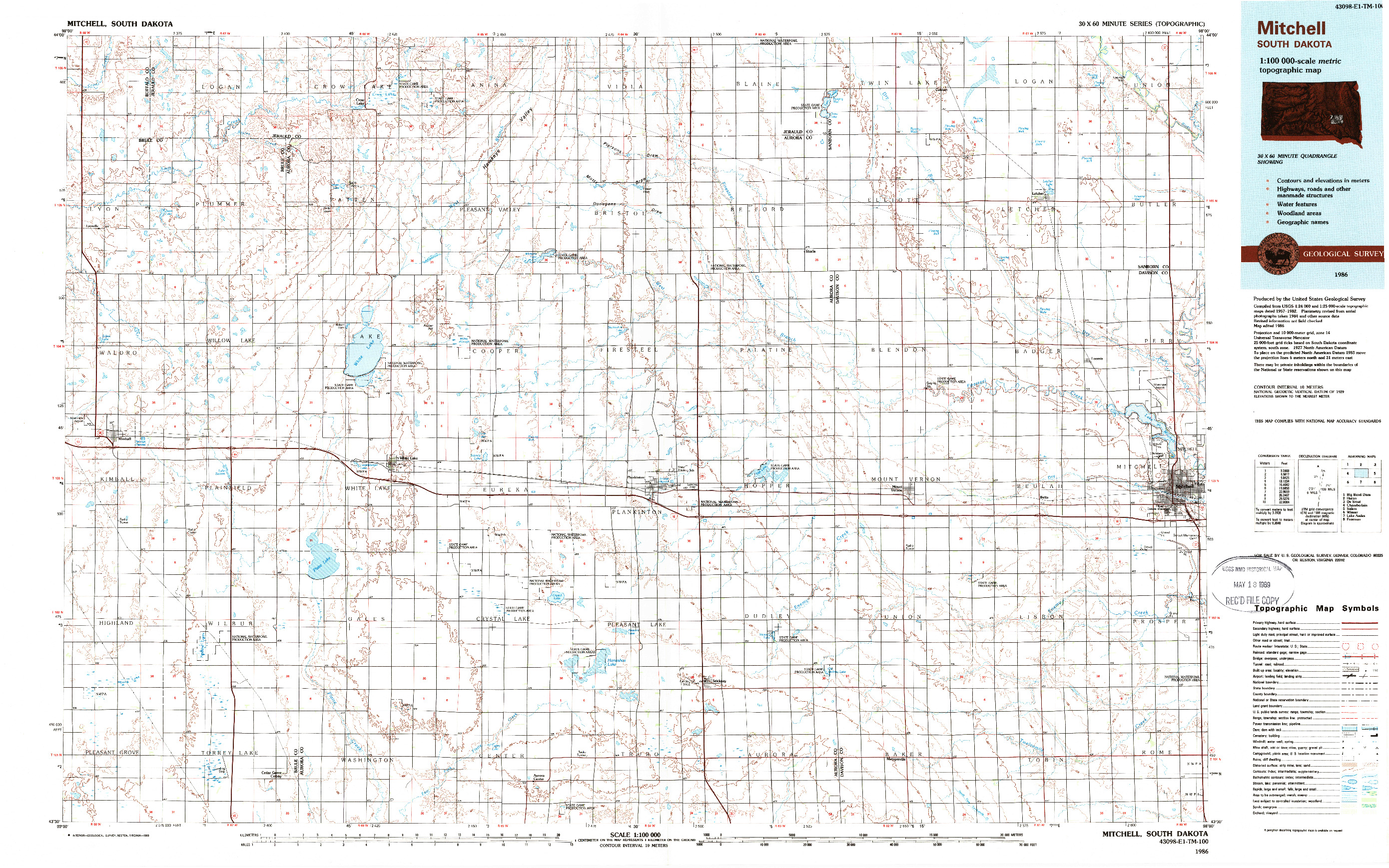 USGS 1:100000-SCALE QUADRANGLE FOR MITCHELL, SD 1986