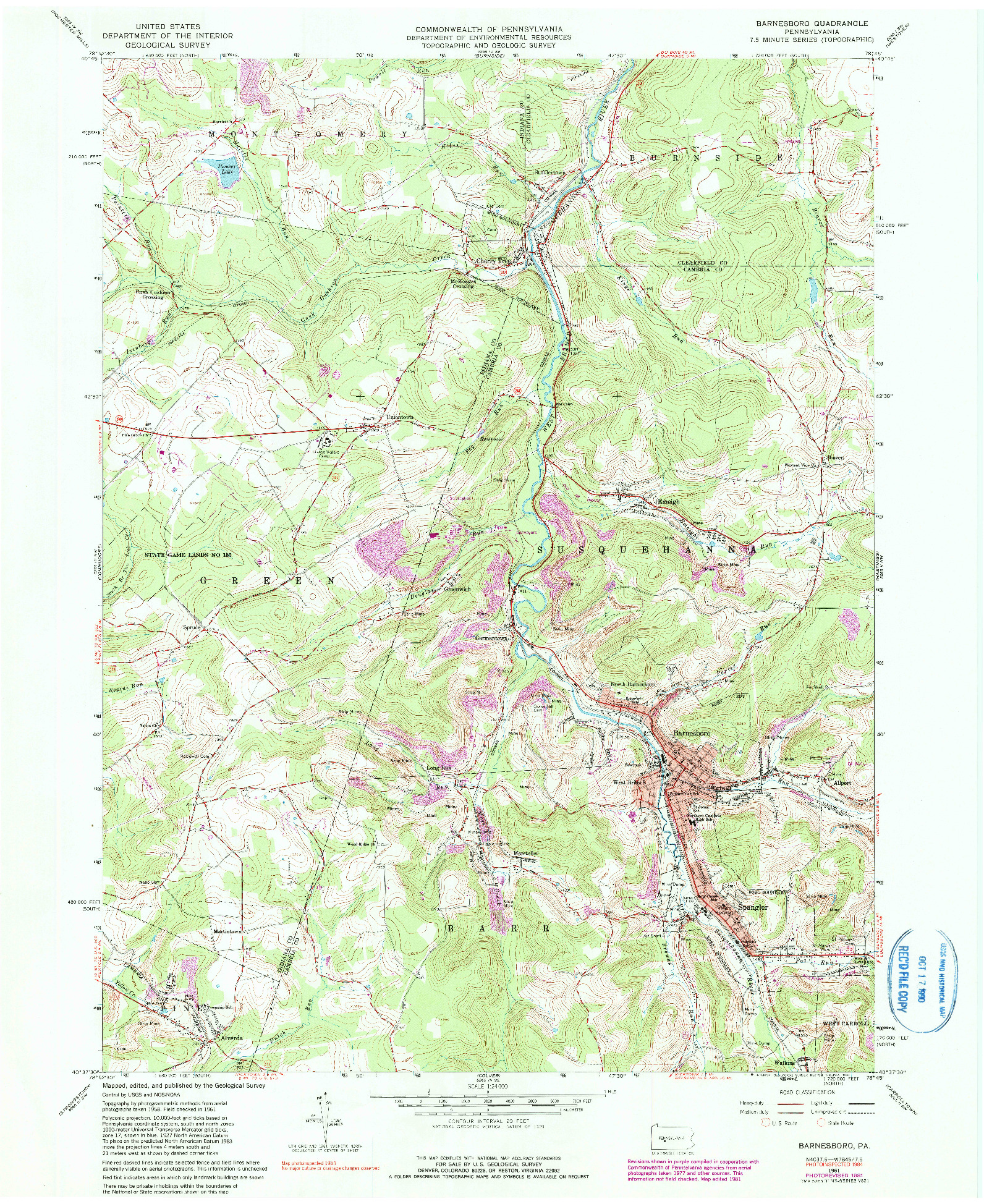 USGS 1:24000-SCALE QUADRANGLE FOR BARNESBORO, PA 1961