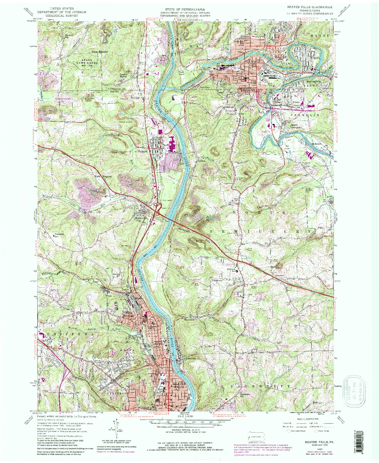 USGS 1:24000-SCALE QUADRANGLE FOR BEAVER FALLS, PA 1957