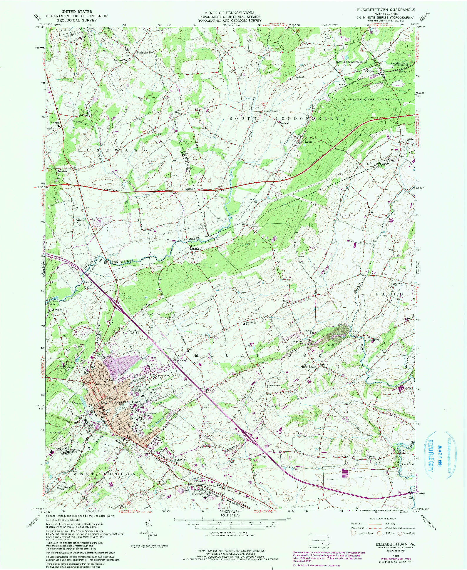 USGS 1:24000-SCALE QUADRANGLE FOR ELIZABETHTOWN, PA 1964