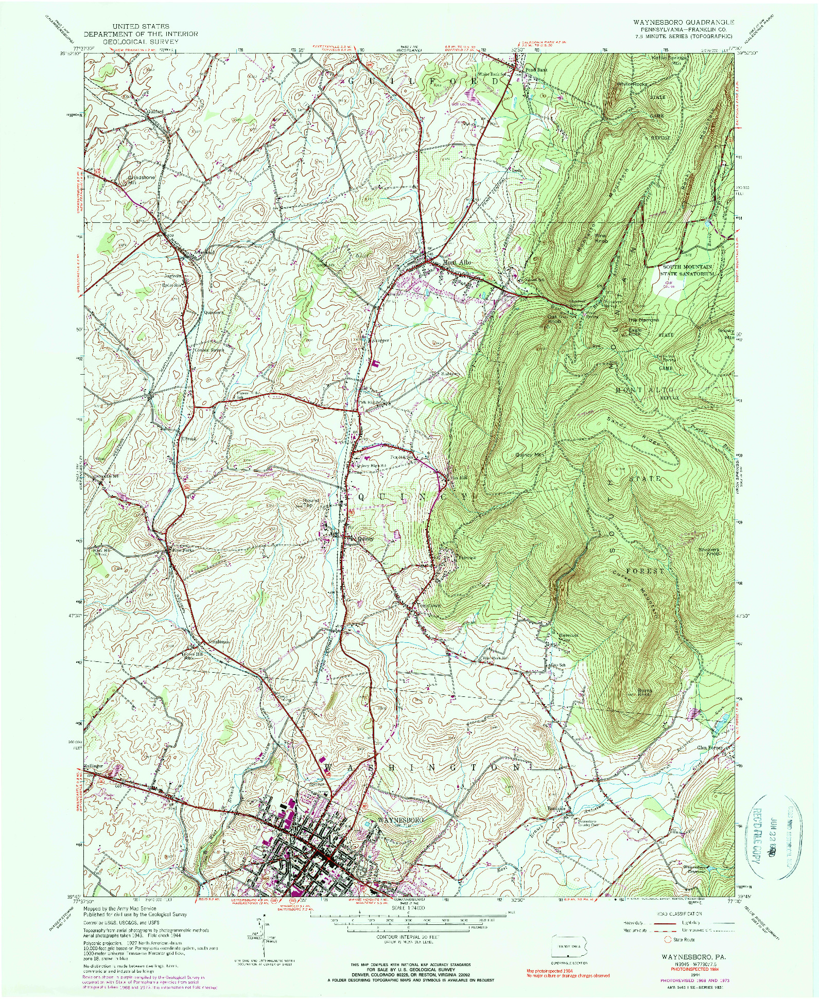 USGS 1:24000-SCALE QUADRANGLE FOR WAYNESBORO, PA 1944