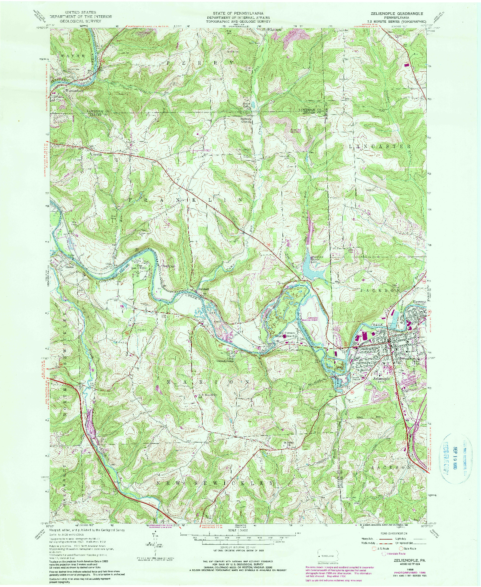 USGS 1:24000-SCALE QUADRANGLE FOR ZELIENOPLE, PA 1958