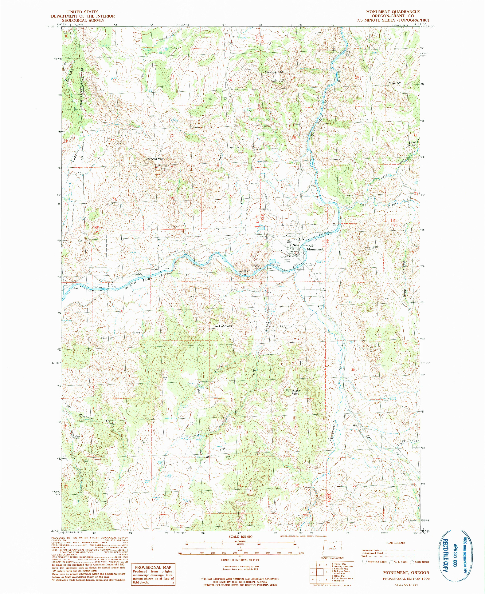 USGS 1:24000-SCALE QUADRANGLE FOR MONUMENT, OR 1990