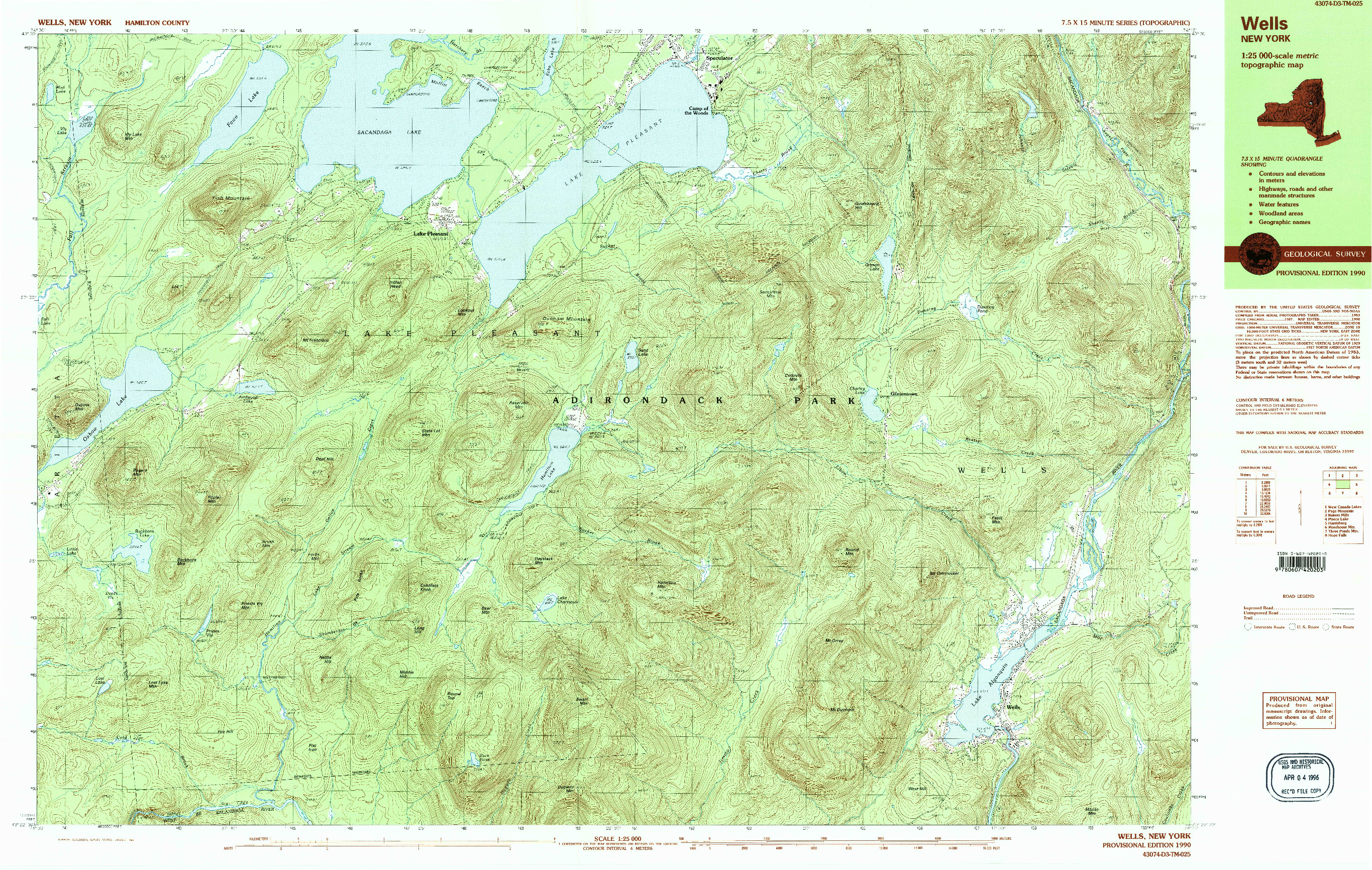 USGS 1:25000-SCALE QUADRANGLE FOR WELLS, NY 1990