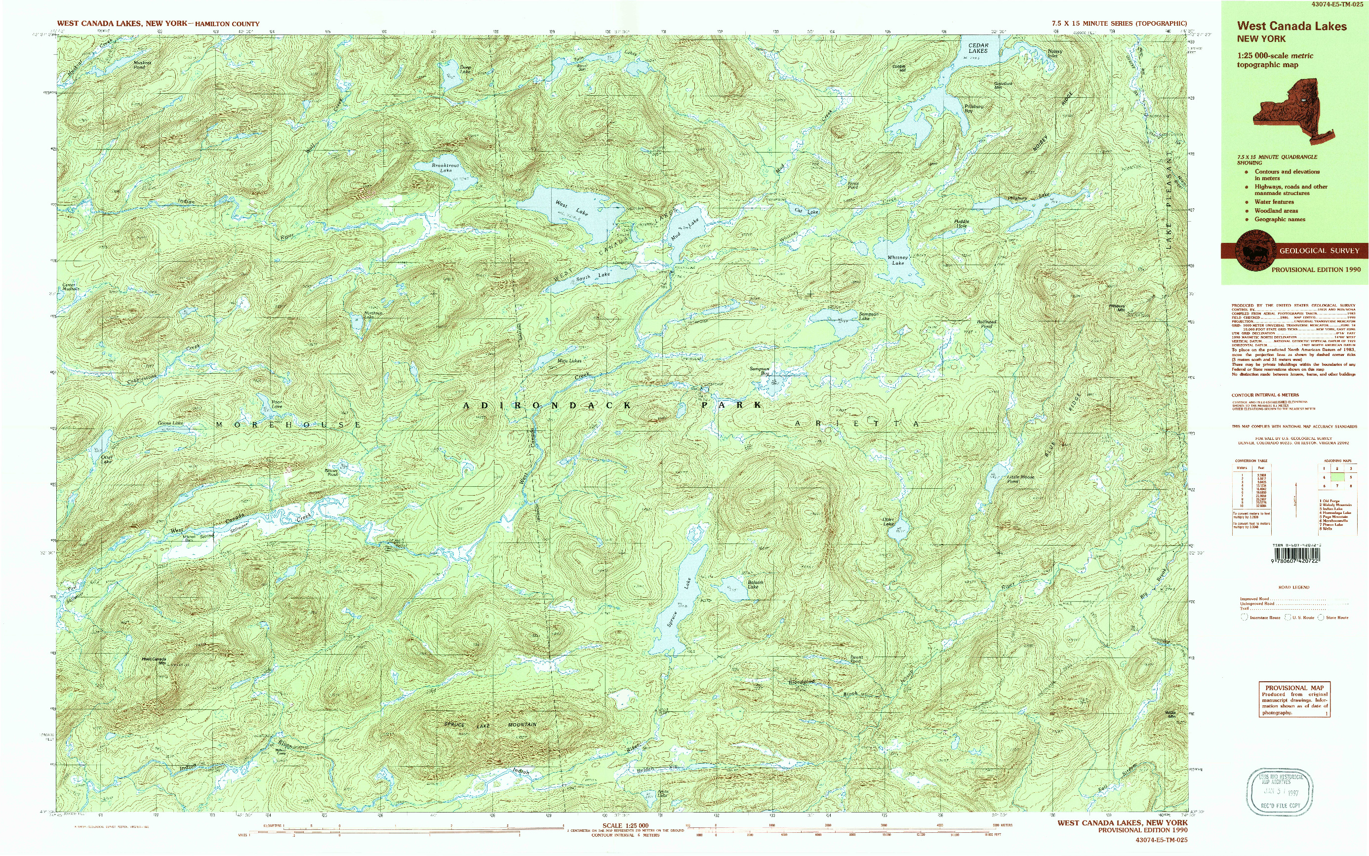 USGS 1:25000-SCALE QUADRANGLE FOR WEST CANADA LAKES, NY 1990