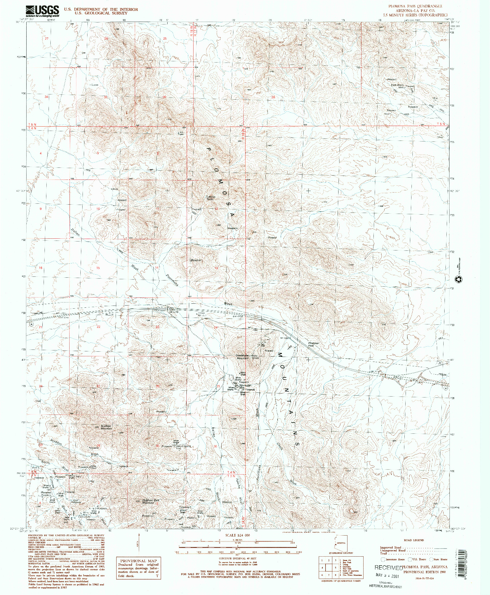 USGS 1:24000-SCALE QUADRANGLE FOR PLOMOSA PASS, AZ 1990