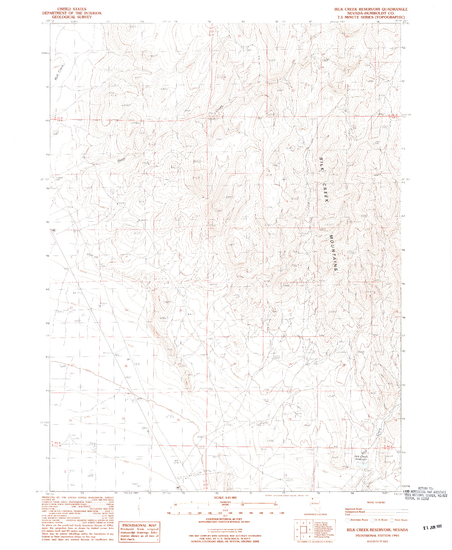 USGS 1:24000-SCALE QUADRANGLE FOR BILK CREEK RESERVOIR, NV 1990