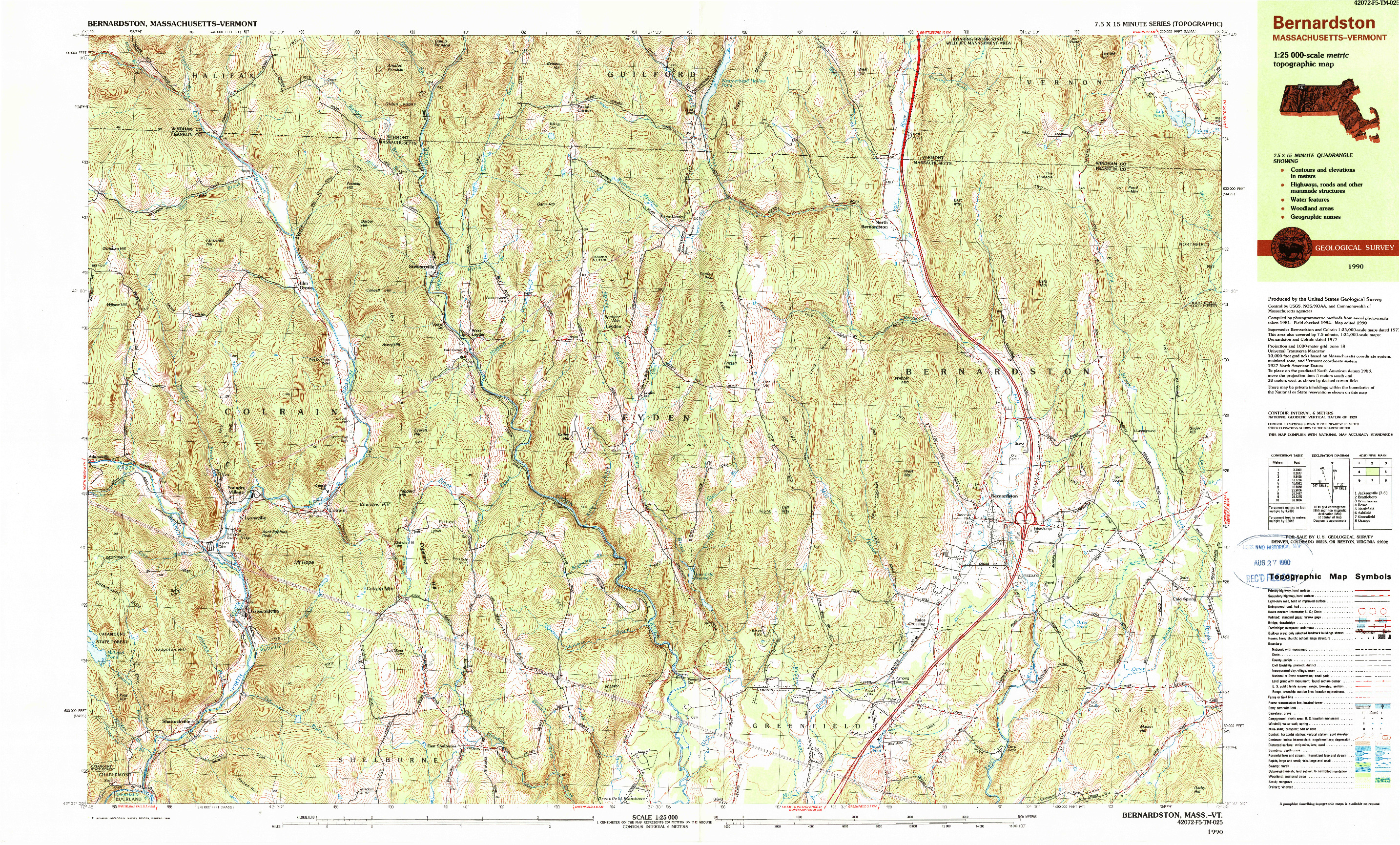 USGS 1:25000-SCALE QUADRANGLE FOR BERNARDSTON, MA 1990