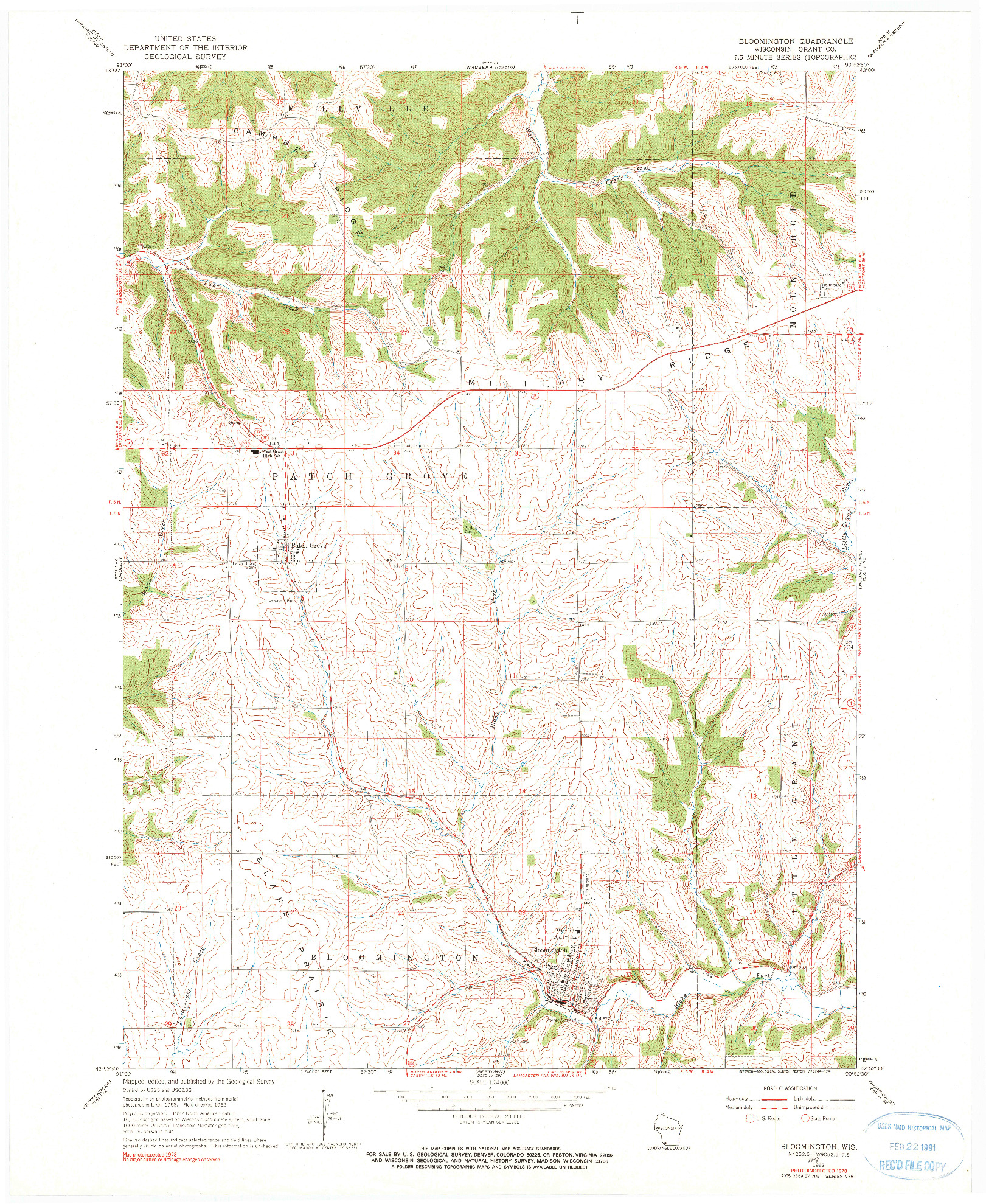 USGS 1:24000-SCALE QUADRANGLE FOR BLOOMINGTON, WI 1962