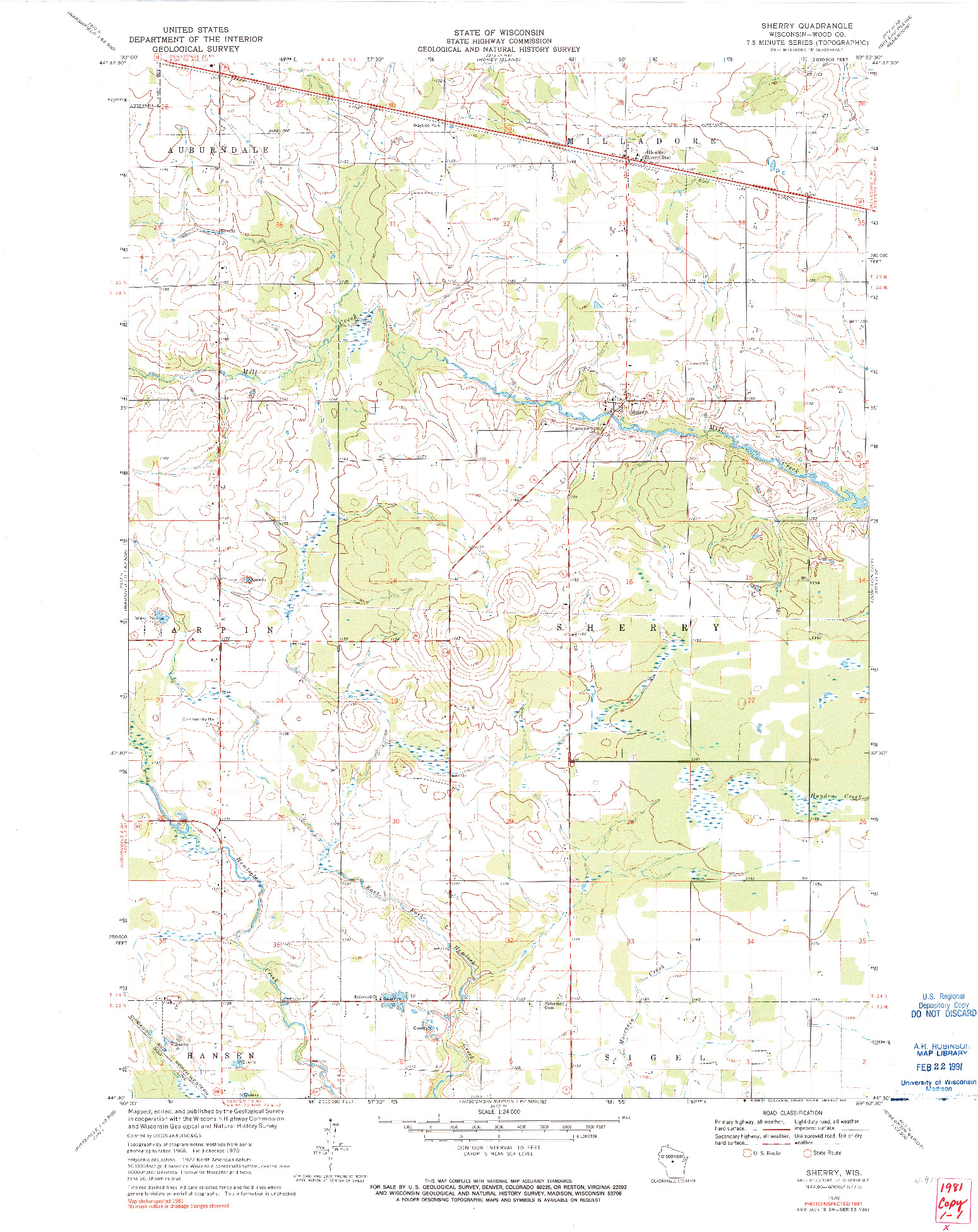 USGS 1:24000-SCALE QUADRANGLE FOR SHERRY, WI 1970