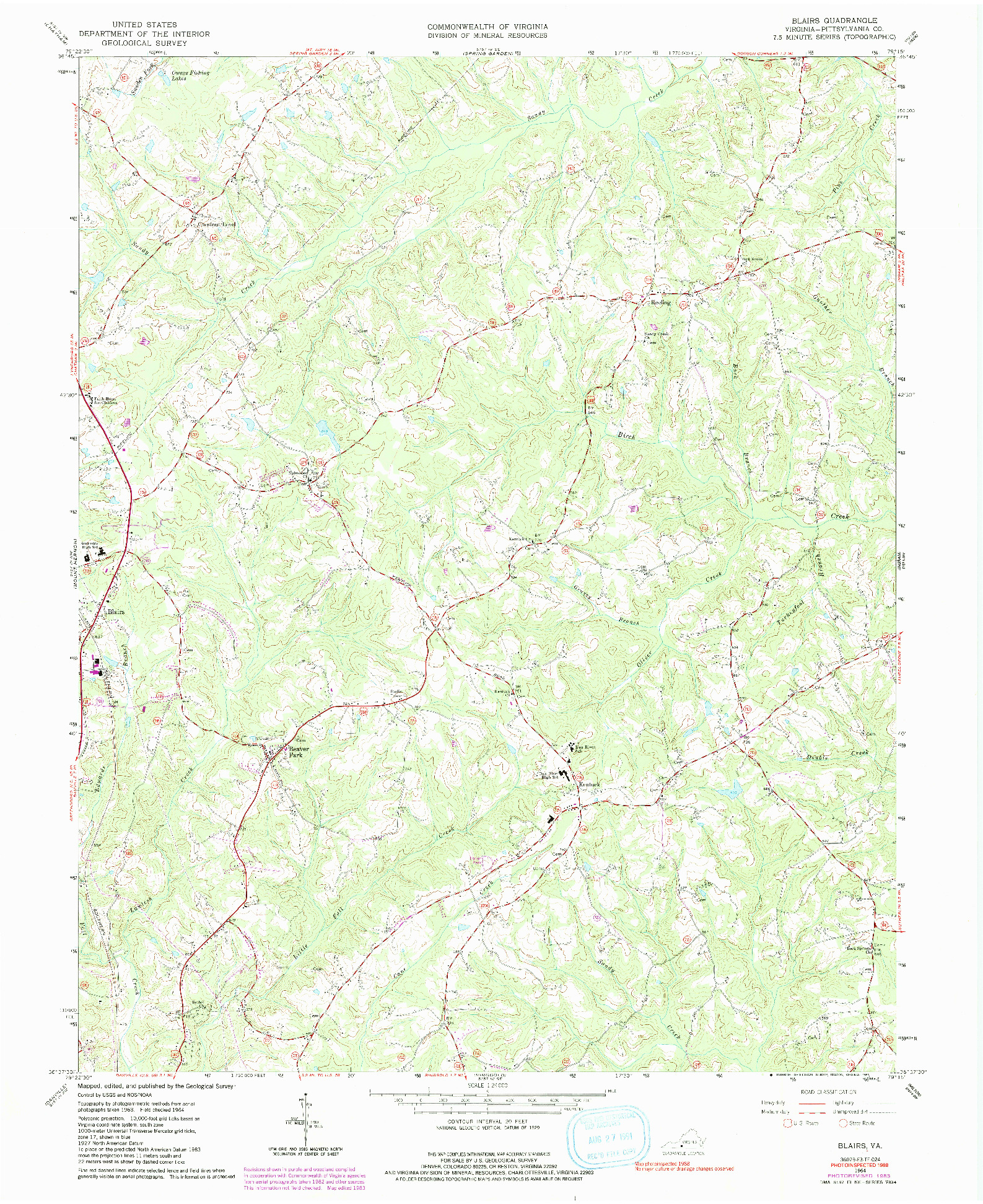 USGS 1:24000-SCALE QUADRANGLE FOR BLAIRS, VA 1964