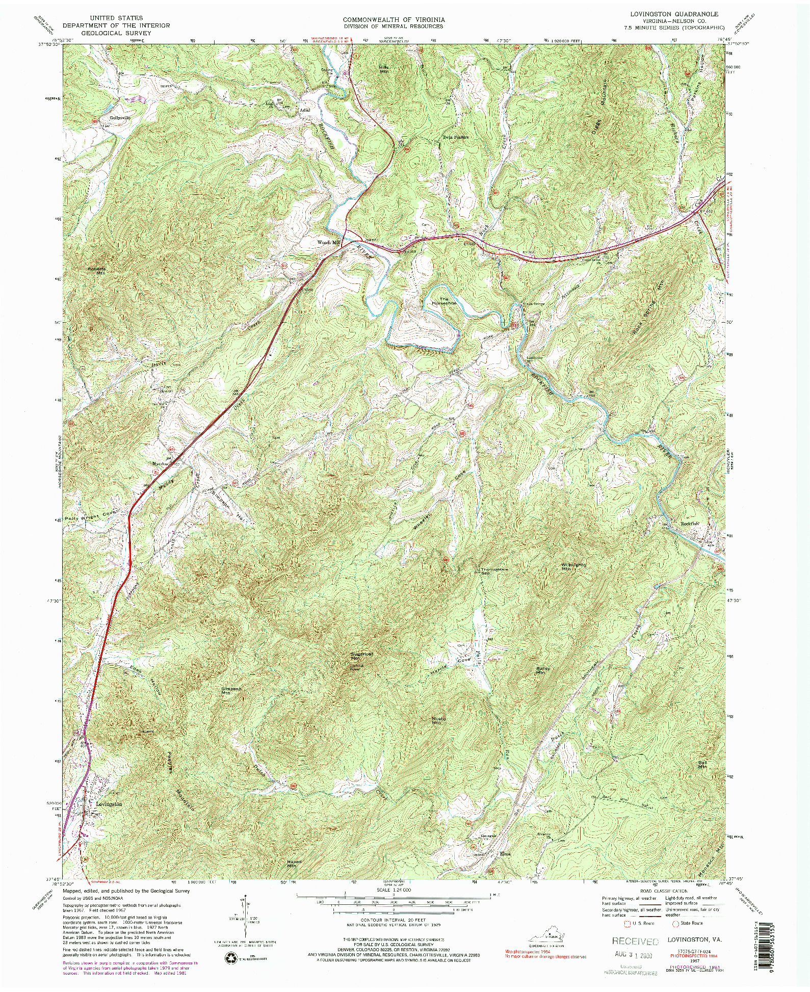 USGS 1:24000-SCALE QUADRANGLE FOR LOVINGSTON, VA 1967