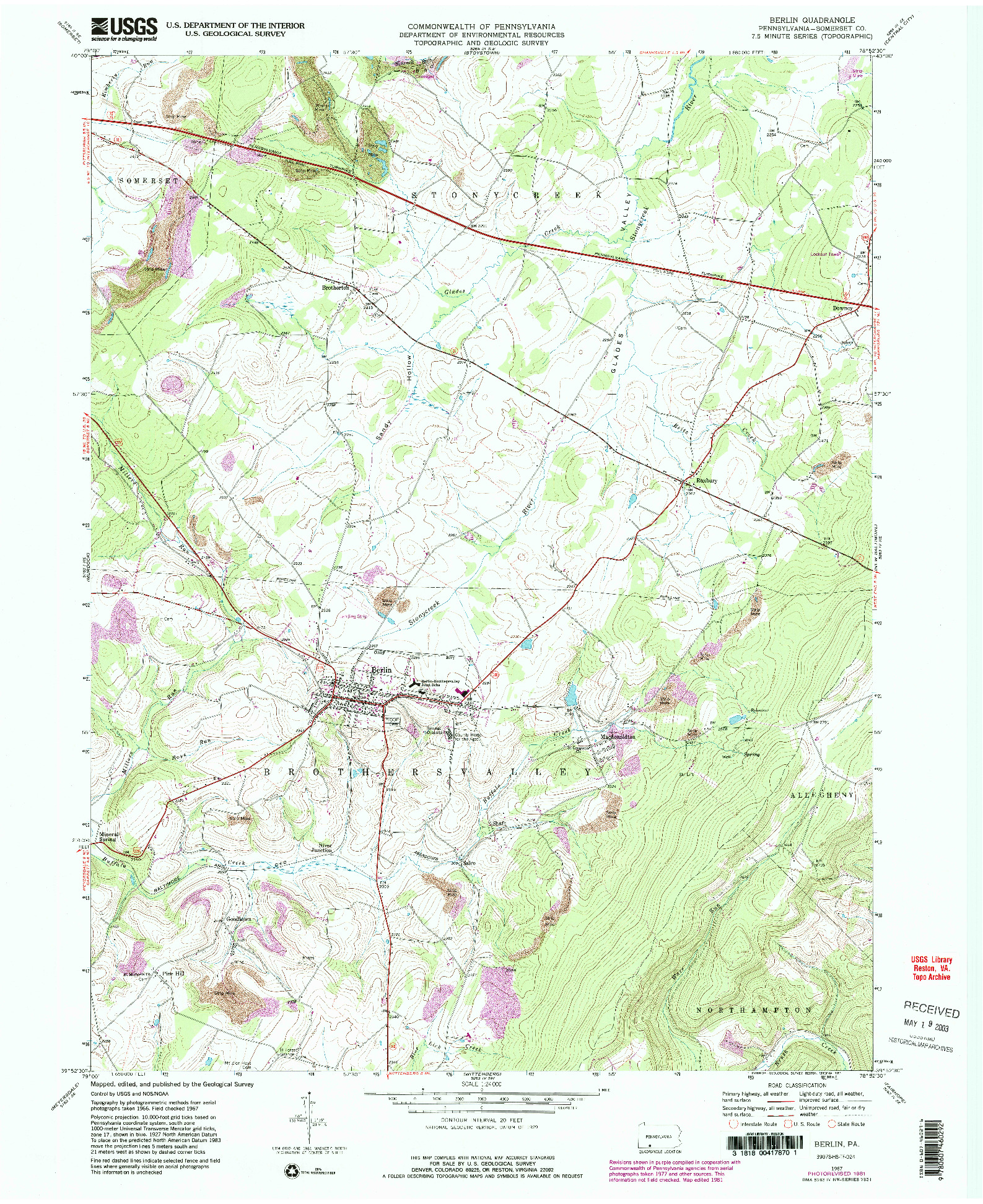 USGS 1:24000-SCALE QUADRANGLE FOR BERLIN, PA 1967