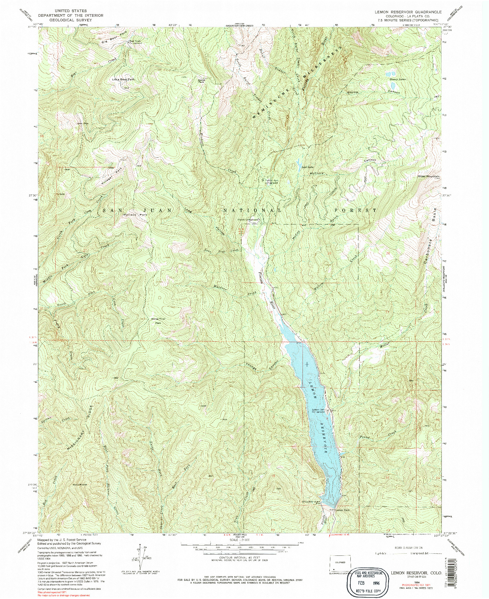 USGS 1:24000-SCALE QUADRANGLE FOR LEMON RESERVOIR, CO 1964