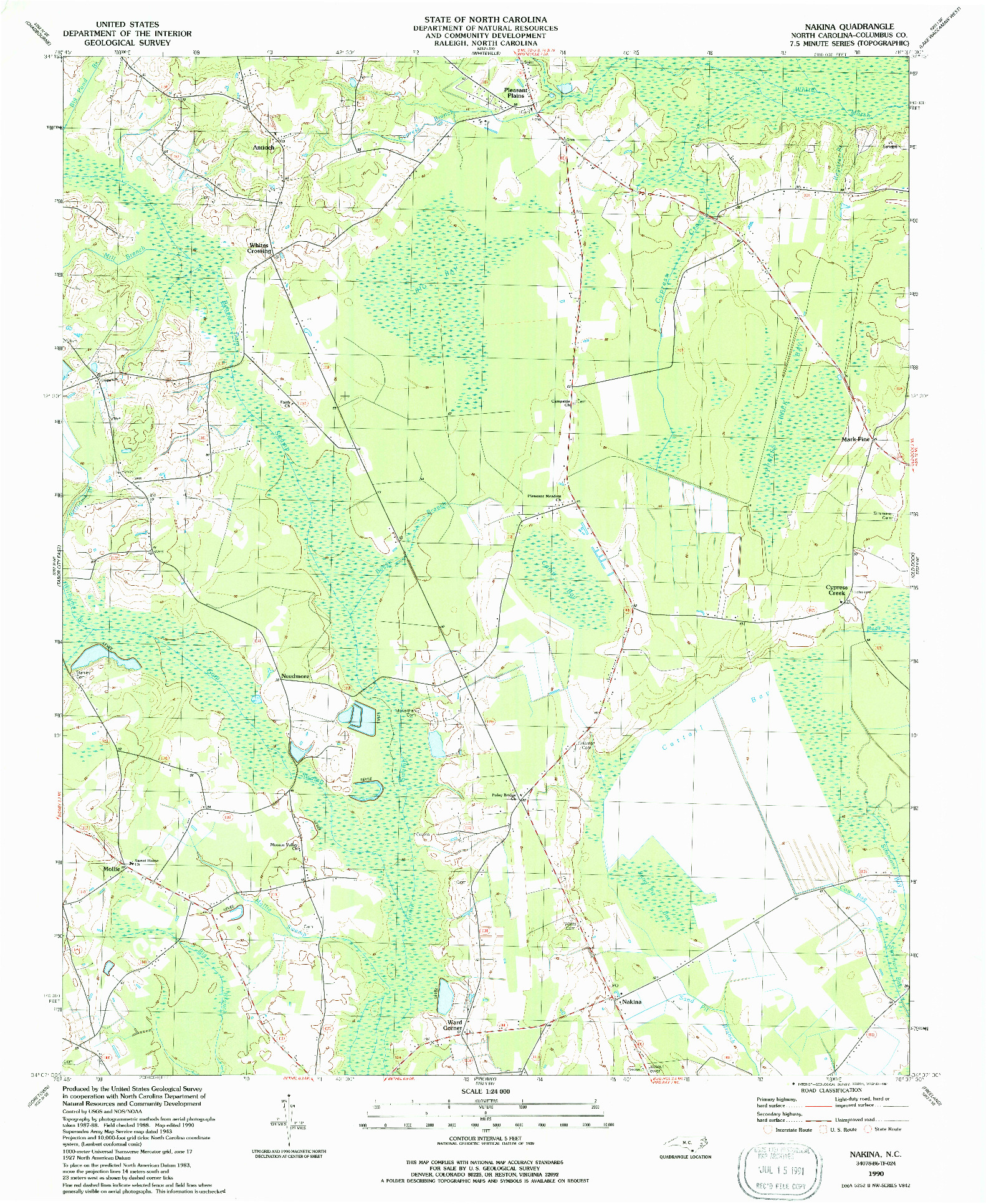 USGS 1:24000-SCALE QUADRANGLE FOR NAKINA, NC 1990