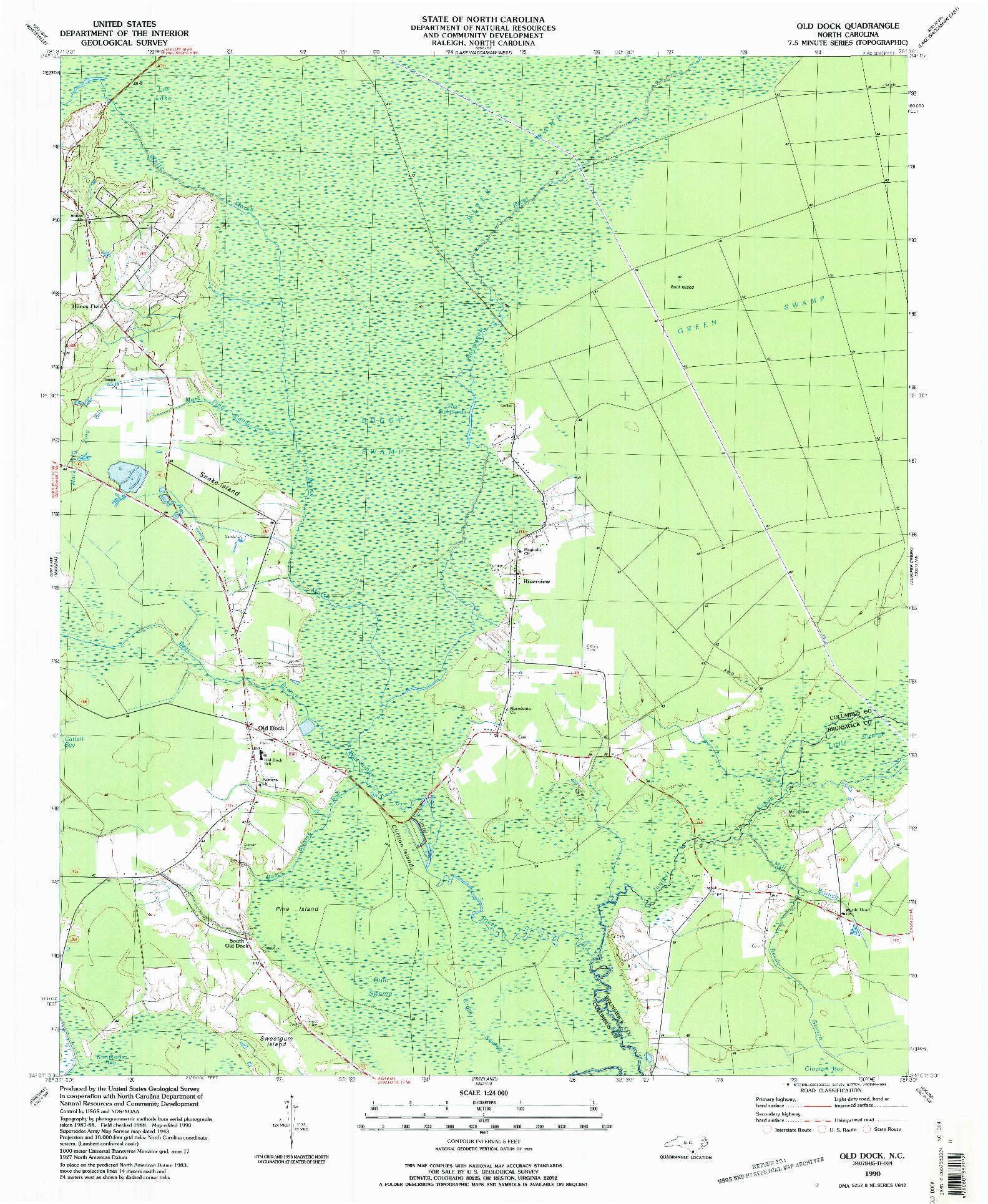 USGS 1:24000-SCALE QUADRANGLE FOR OLD DOCK, NC 1990