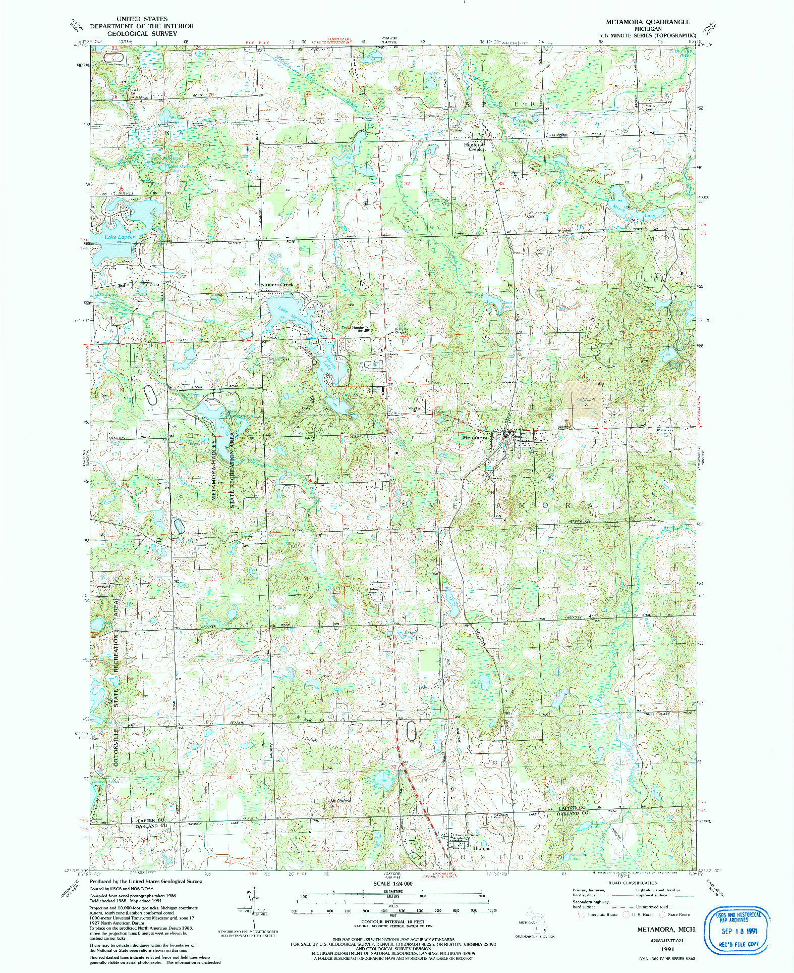 USGS 1:24000-SCALE QUADRANGLE FOR METAMORA, MI 1991