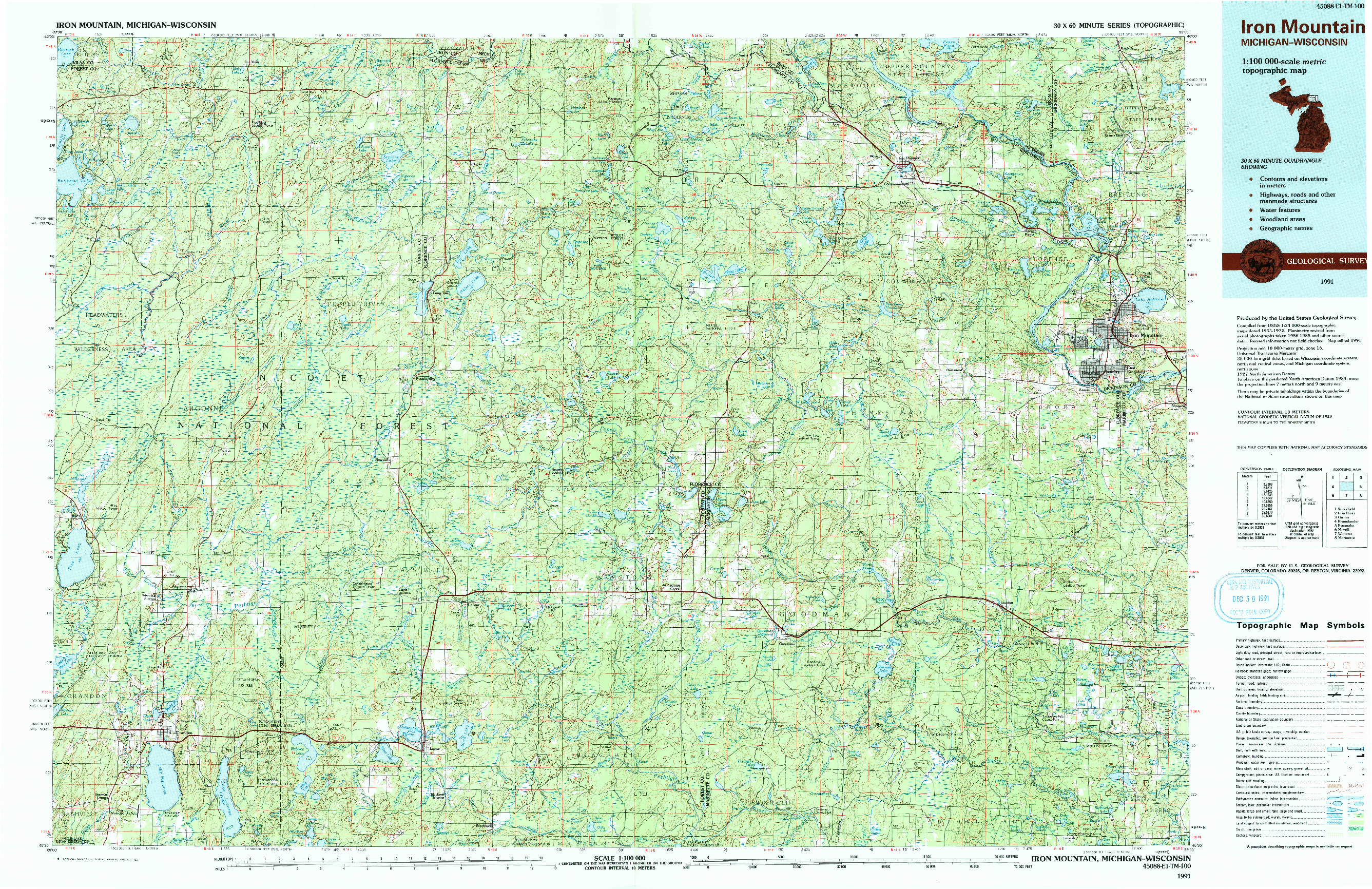 USGS 1:100000-SCALE QUADRANGLE FOR IRON MOUNTAIN, MI 1991