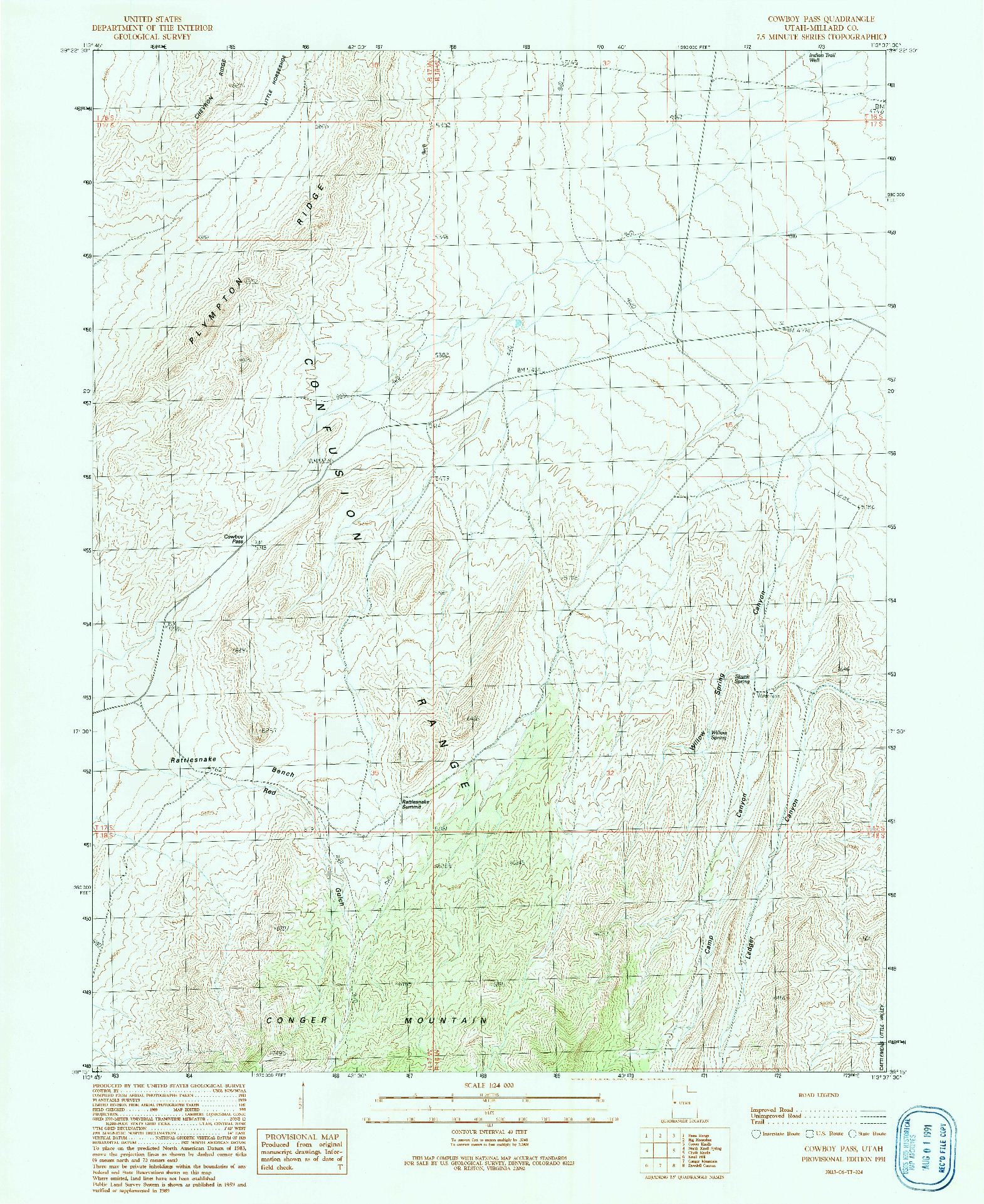 USGS 1:24000-SCALE QUADRANGLE FOR COWBOY PASS, UT 1991