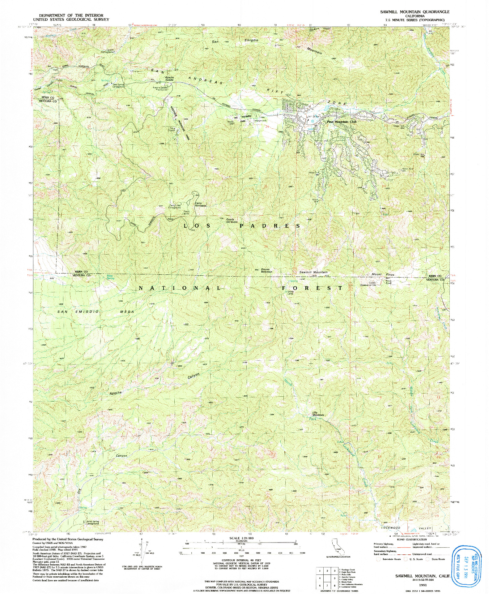 USGS 1:24000-SCALE QUADRANGLE FOR SAWMILL MOUNTAIN, CA 1991