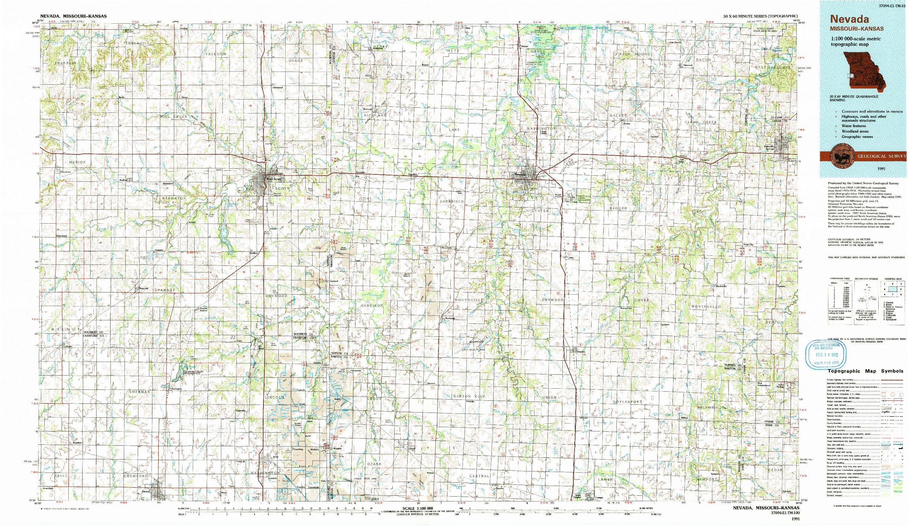 USGS 1:100000-SCALE QUADRANGLE FOR NEVADA, MO 1991