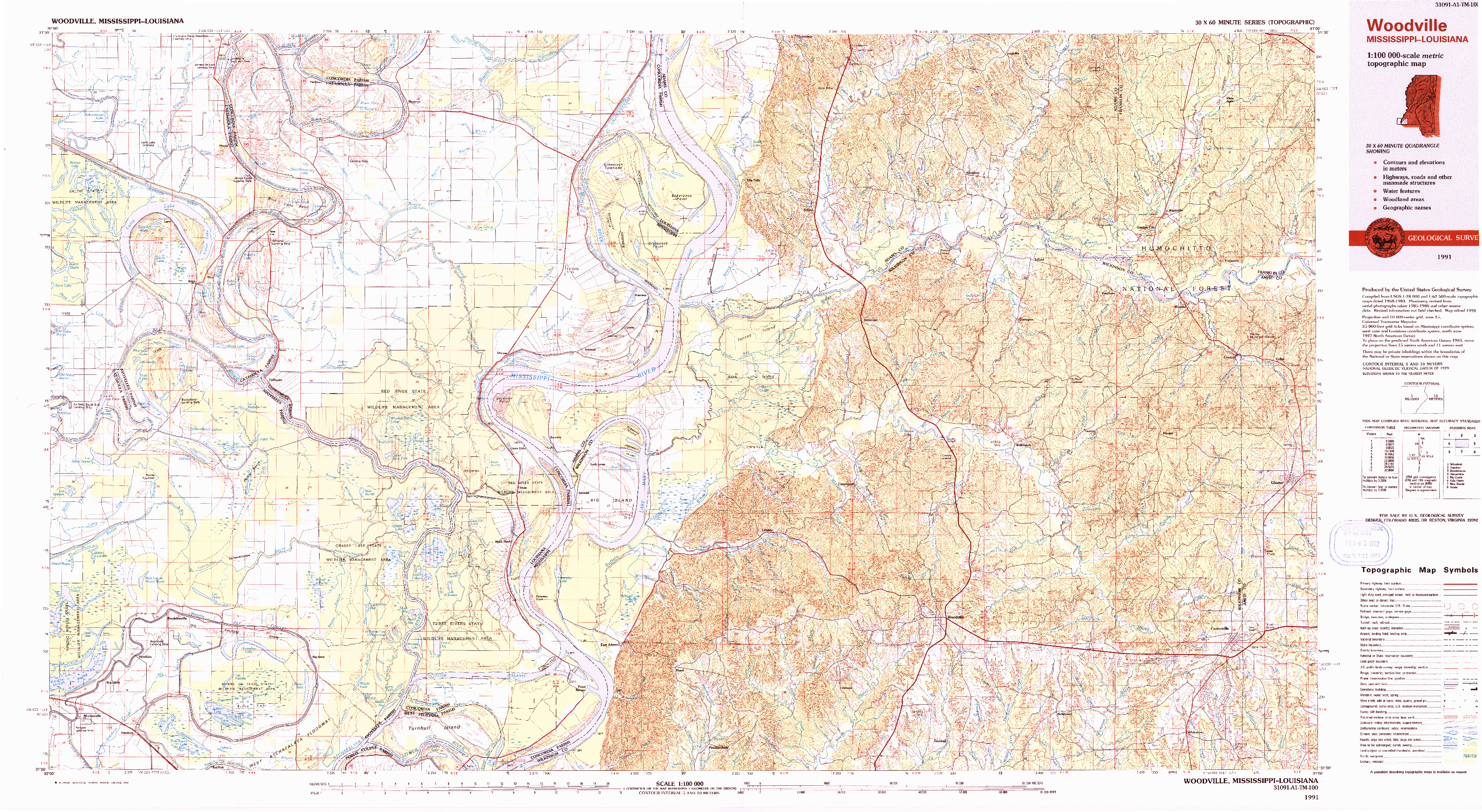 USGS 1:100000-SCALE QUADRANGLE FOR WOODVILLE, MS 1991